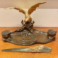 Antique French Bronze Inkwell & Letter Opener, Signed "A. Marionnet" Circa 1890.