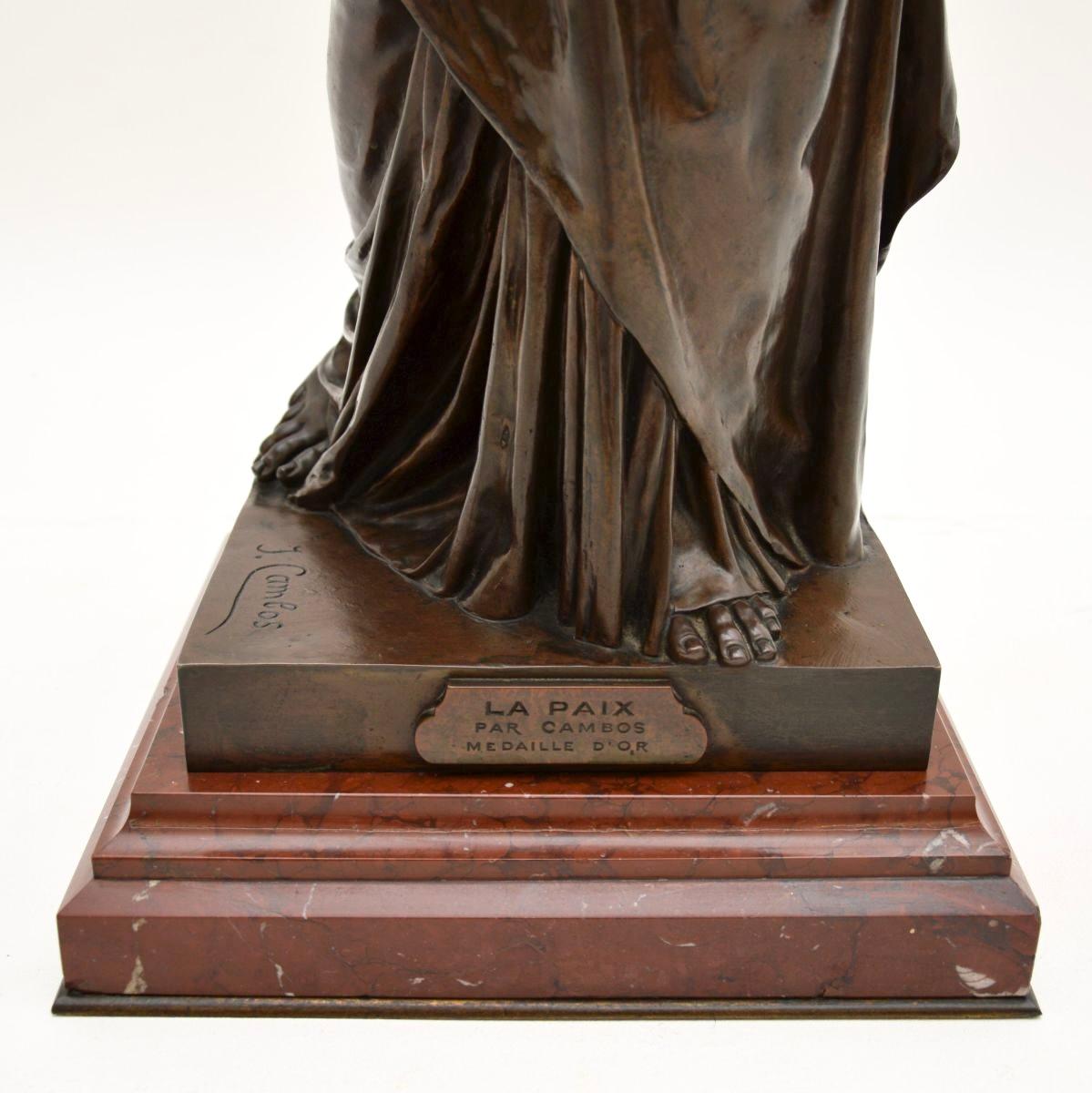 Antique French Bronze Lamp Figure ‘La Paix’ by Jean-Jules Cambos For Sale 7