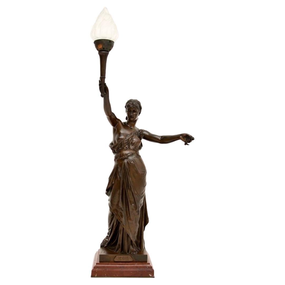 Antique French Bronze Lamp Figure ‘La Paix’ by Jean-Jules Cambos For Sale