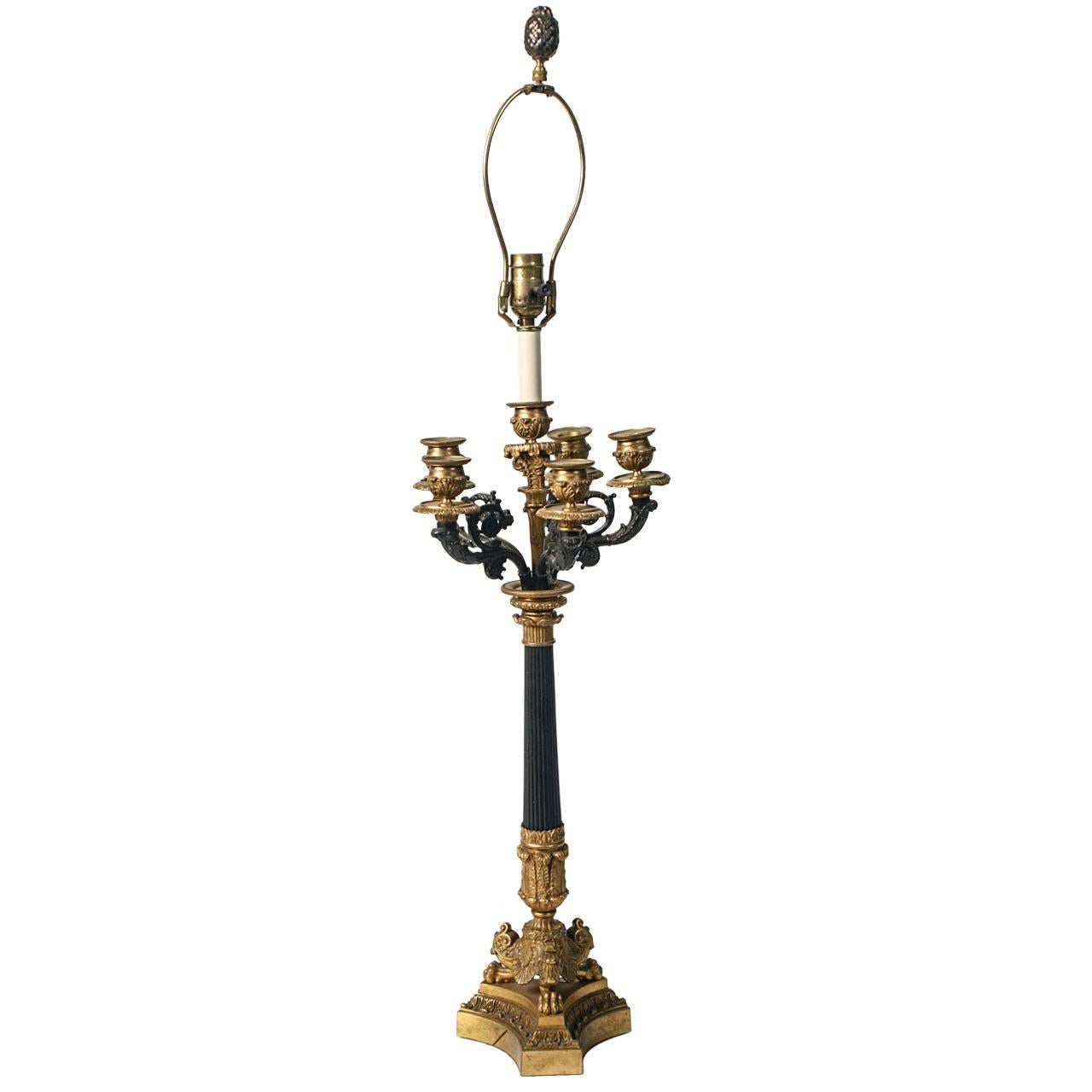 19th Century French Bronze 5 Arm Candelabra Lamp For Sale