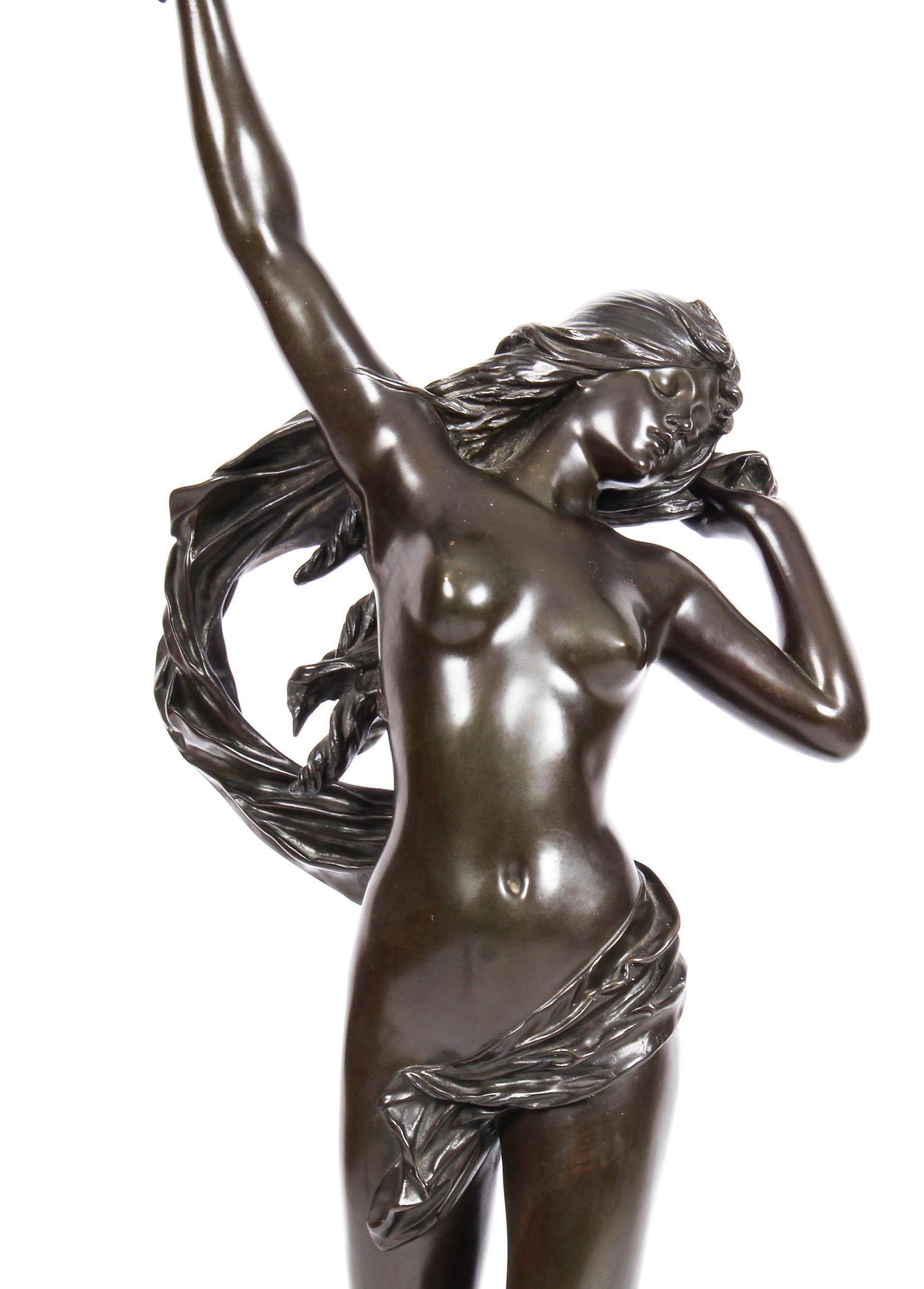 Mid-19th Century French Bronze Lamp of Nude Sunset Edouard Drouot on Pedestal 19th Century