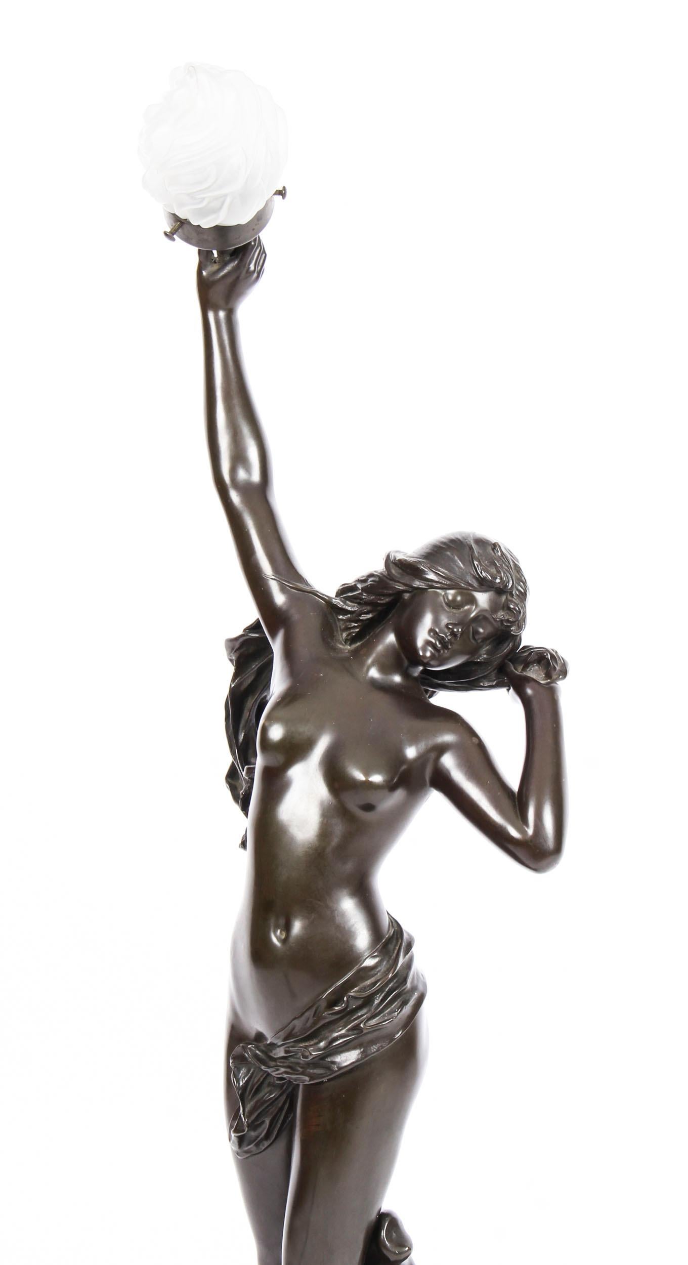 French Bronze Lamp of Nude Sunset Edouard Drouot on Pedestal 19th Century 1