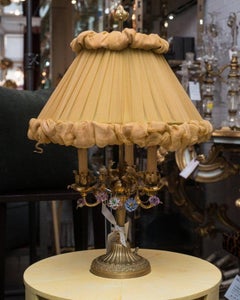 Antique French Bronze Lamp with Porcelain Flowers & Custom Silk Shade