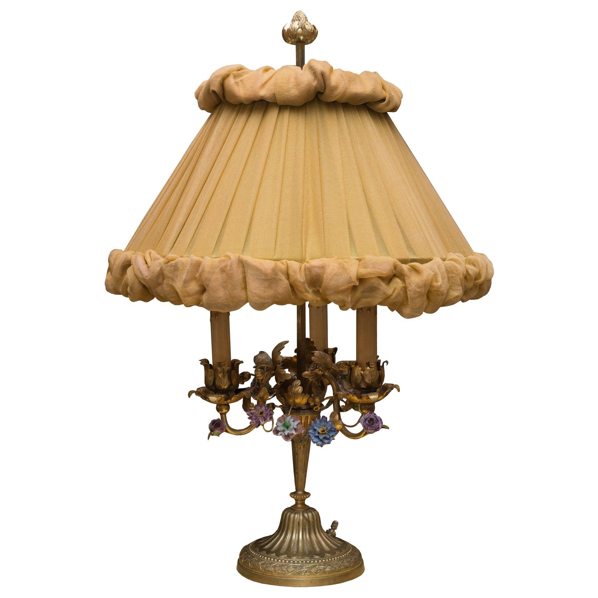 Antique French Bronze Lamp with Porcelain Flowers & Custom Silk Shade