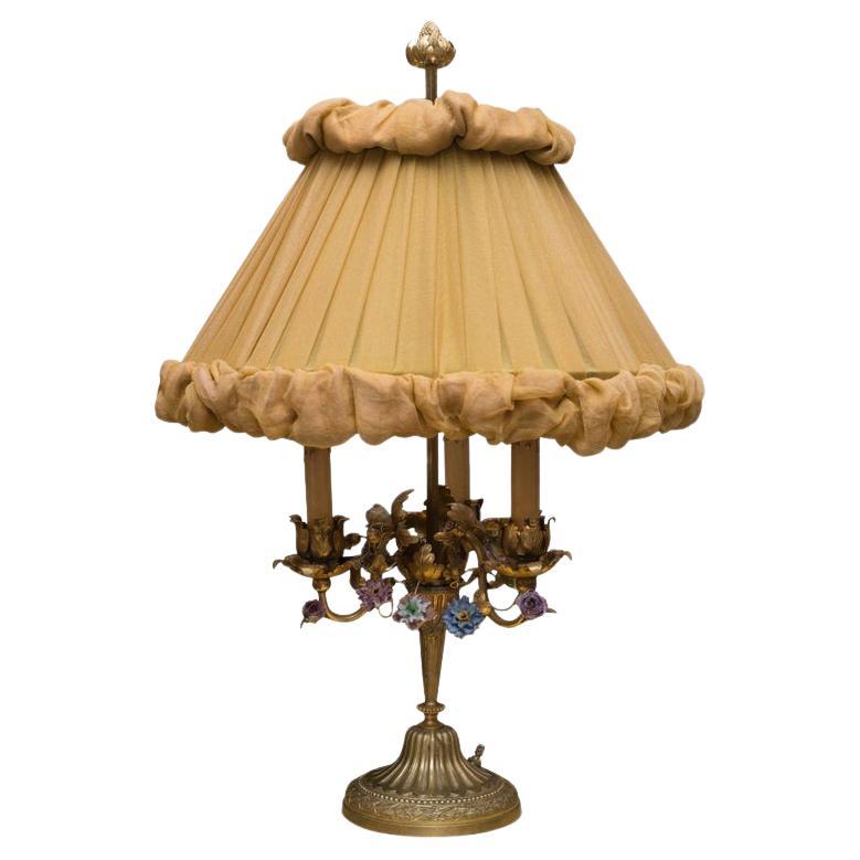 Antique French Bronze Lamp with Porcelain Flowers & Custom Silk Shade