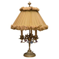 Antique French Bronze Lamp with Porcelain Flowers & Custom Silk Shade