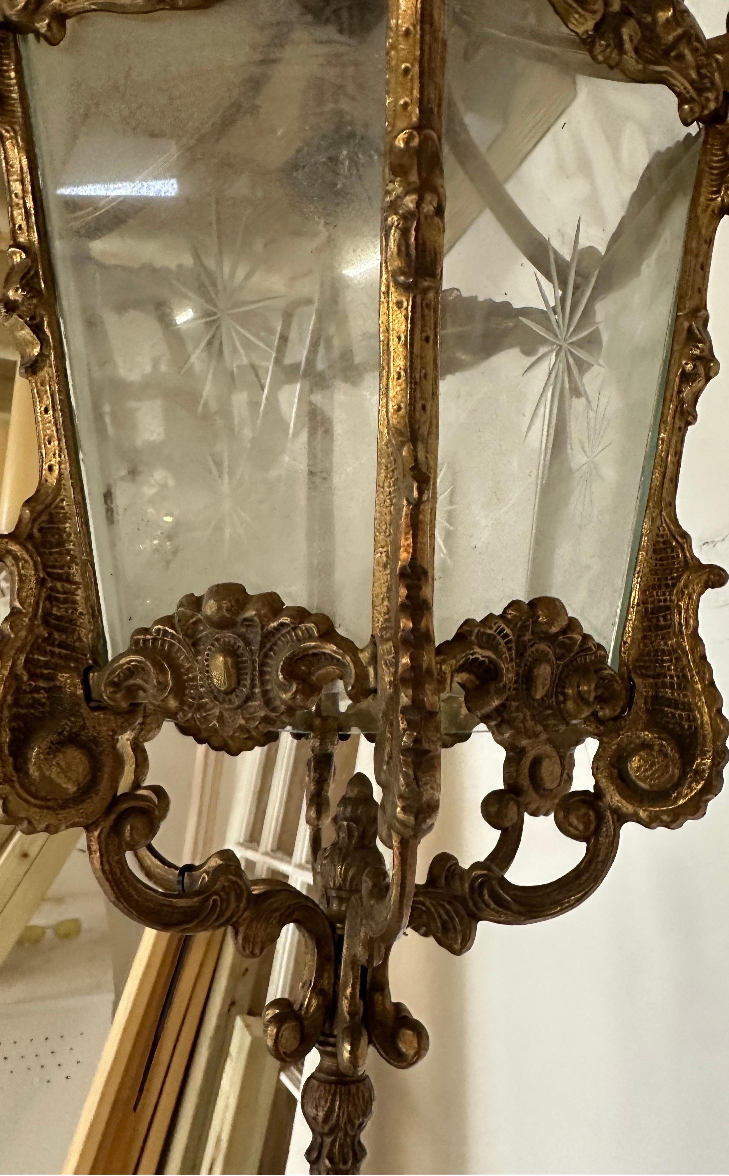 A beautiful French lantern with etched glass, chain and ceiling rose. 
