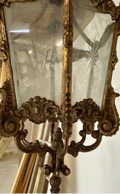 Antique French bronze lantern with etched glass