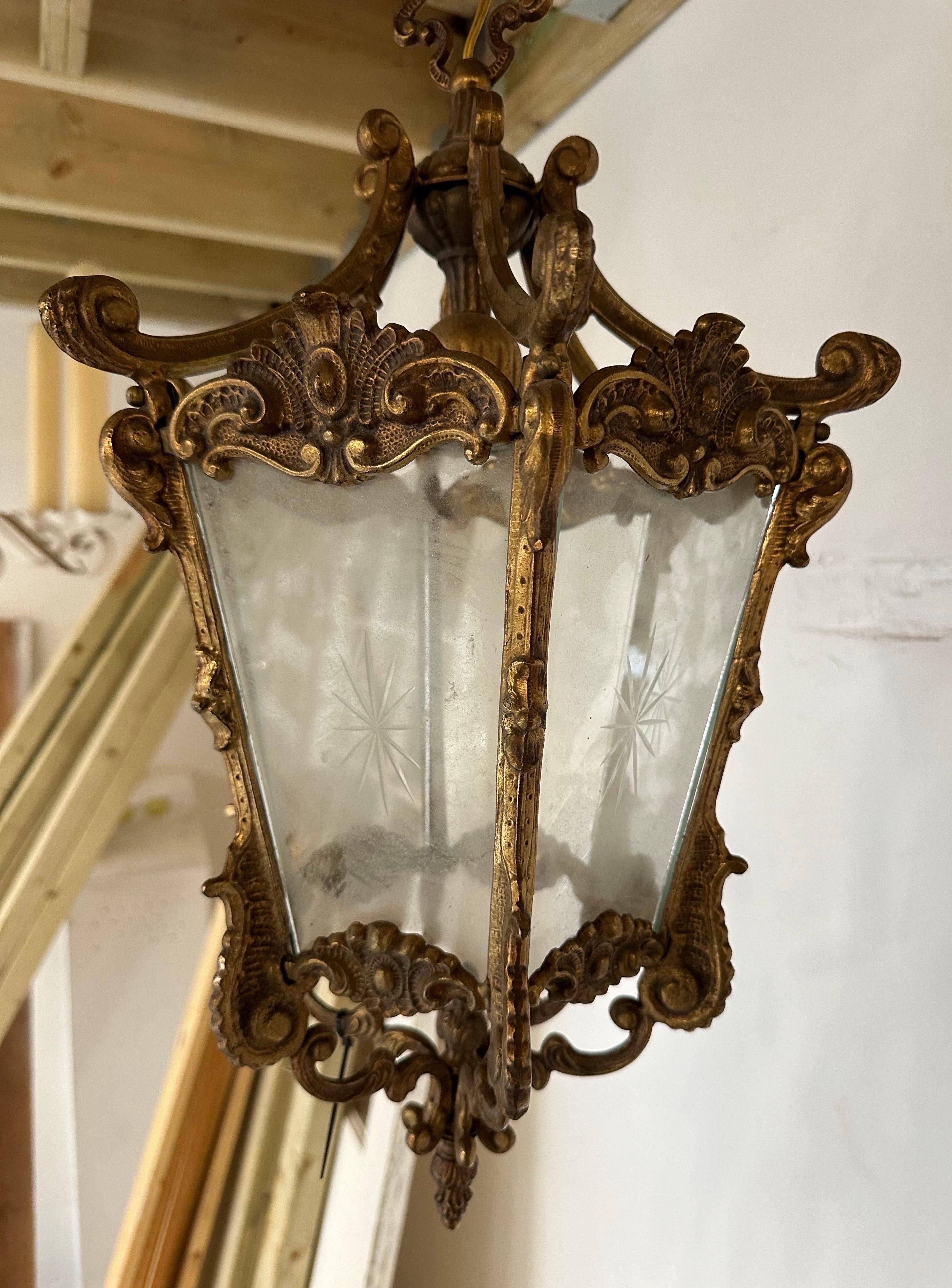 Antique French bronze lantern with etched glass In Good Condition For Sale In Worthing, GB