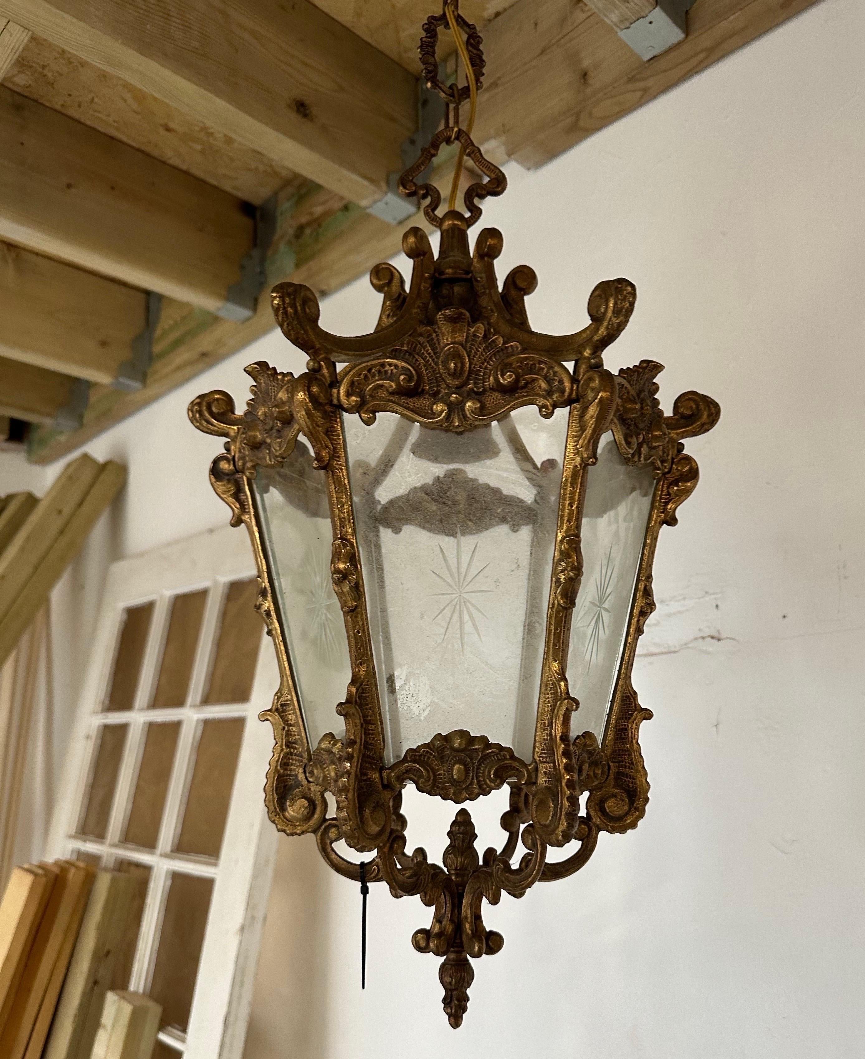 20th Century Antique French bronze lantern with etched glass For Sale