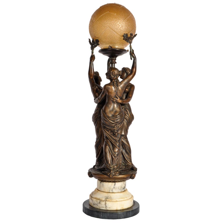 Antique French Bronze and Marble Statue Sculpture Table Lamp The Three