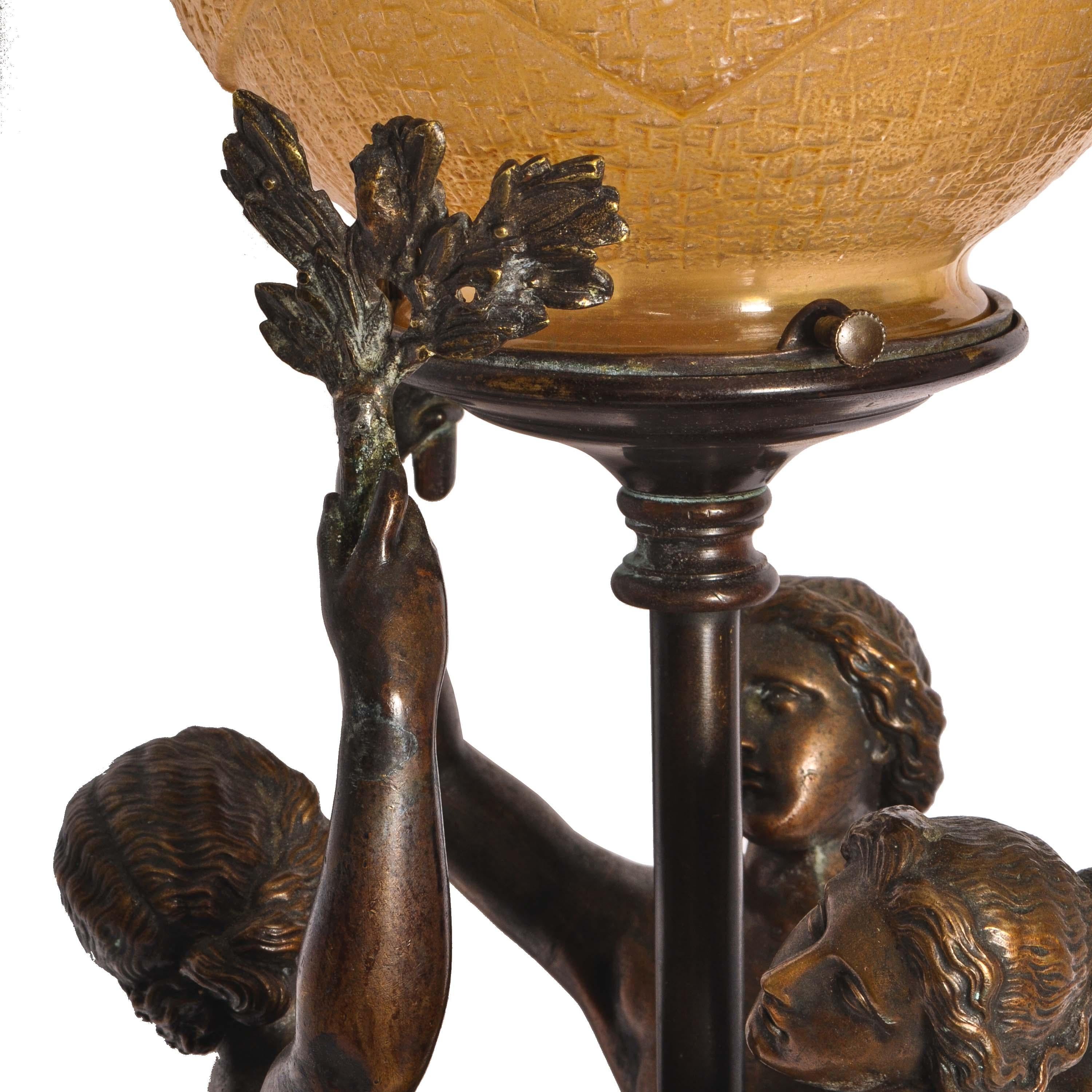 Cast Antique French Bronze & Marble Statue Sculpture Table Lamp The Three Graces 1900