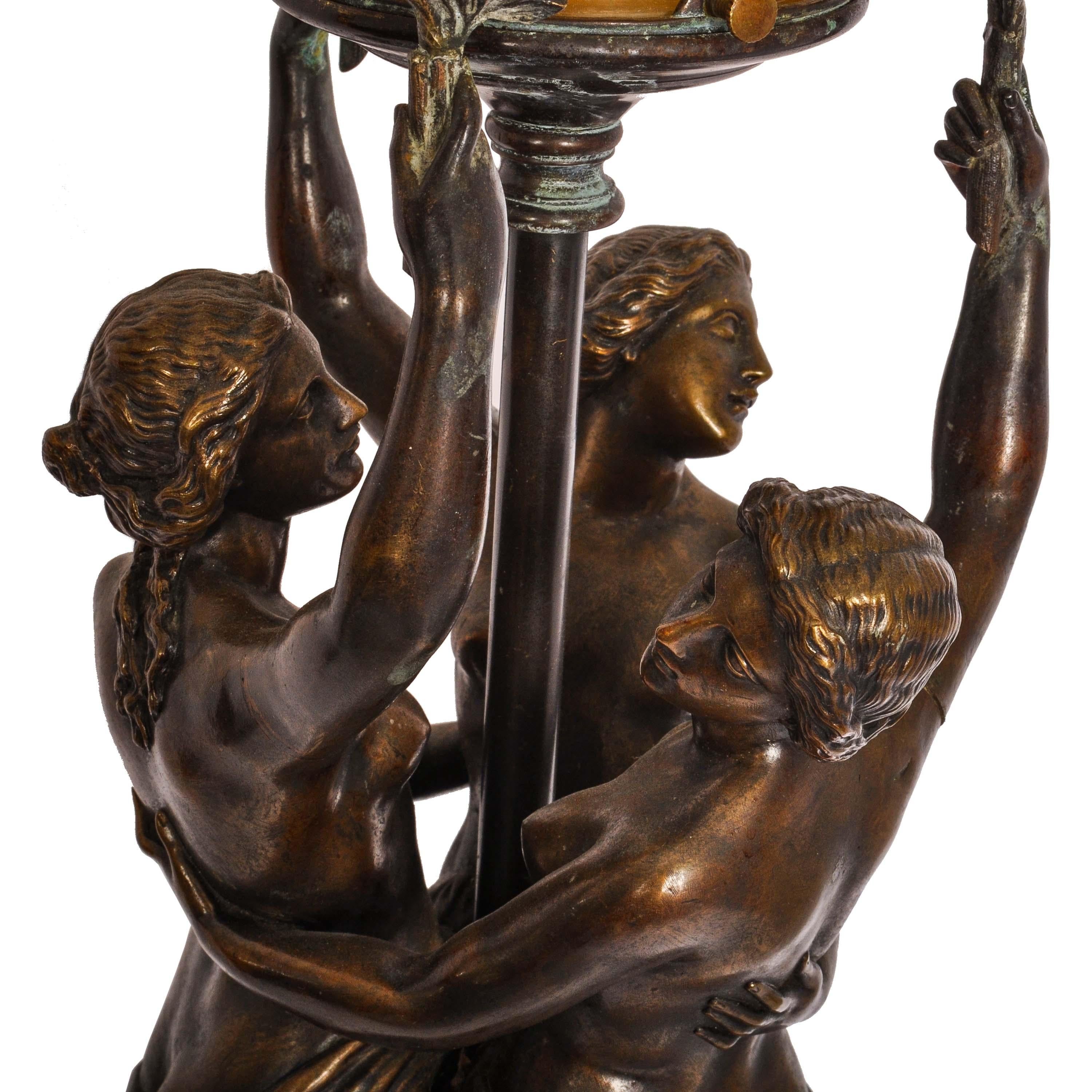 Antique French Bronze & Marble Statue Sculpture Table Lamp The Three Graces 1900 In Good Condition In Portland, OR