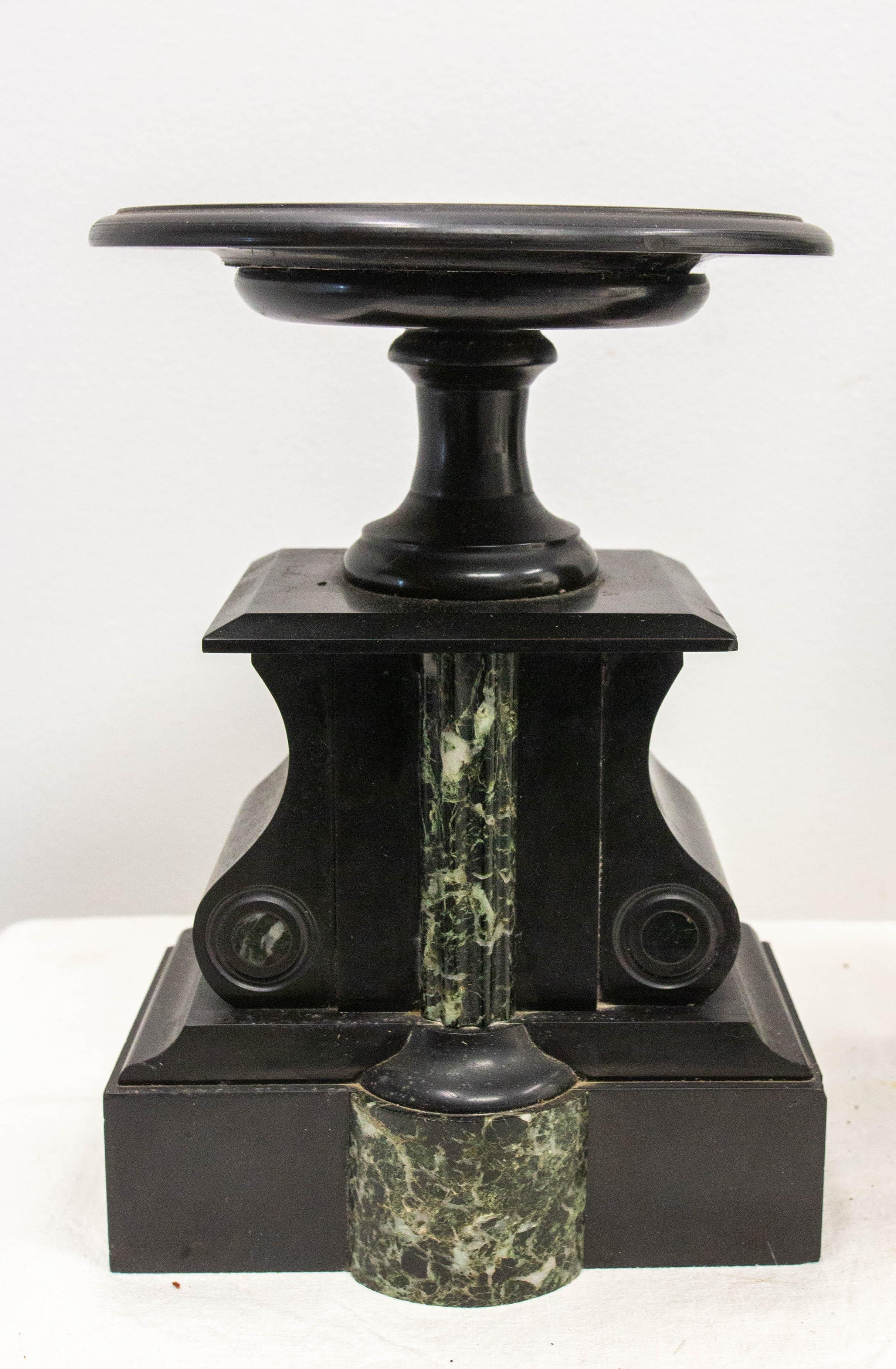 Napoleon III French two marbles mantel clock late 19th century circa 1890.
Set of a clock and two pedestals.
Mercury pendulum 

The French movement of the clock will be checked before shipping
In good condition with signs of wear.

Measures of the