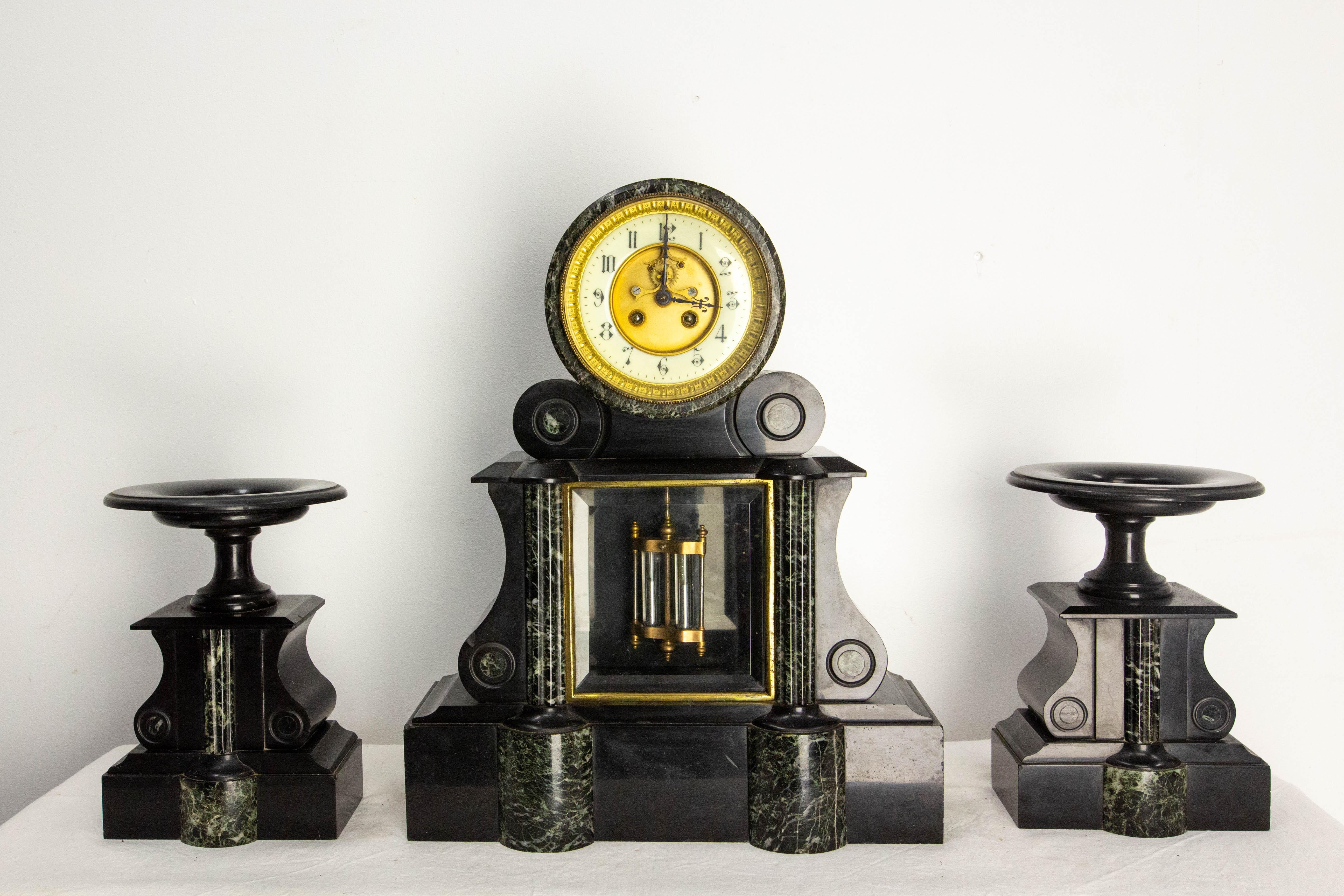 Antique French Bronze & Marble Three-Piece Mantel Set Clock Napoleon III For Sale 4