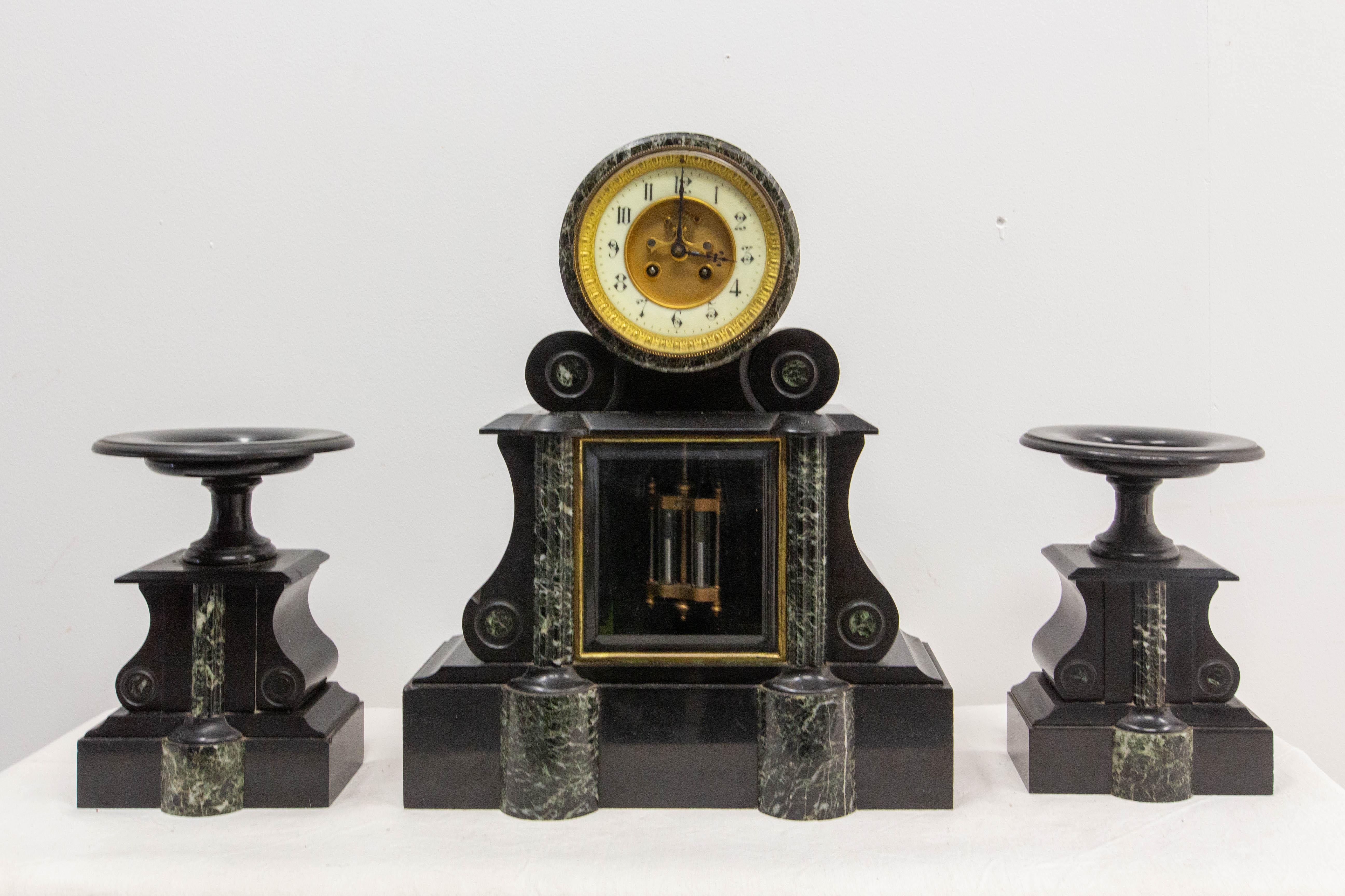 Antique French Bronze & Marble Three-Piece Mantel Set Clock Napoleon III For Sale 5