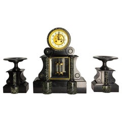 Used French Bronze & Marble Three-Piece Mantel Set Clock Napoleon III