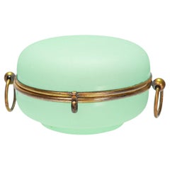 Antique French Bronze Mounted Green Opaline Glass Round Dresser Box