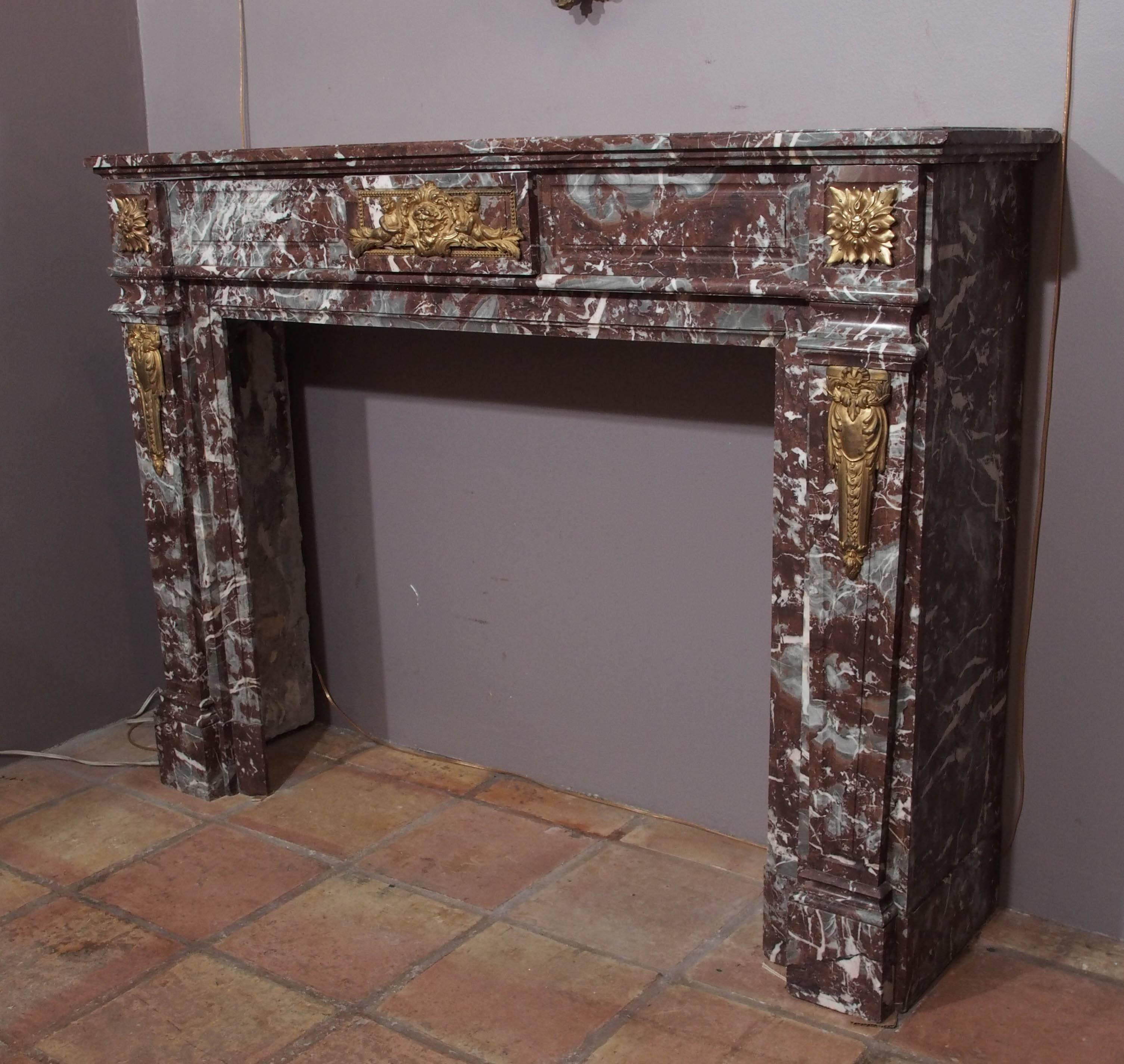 19th Century Antique French Bronze Mounted Marble Mantle For Sale
