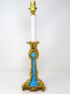 Antique French Bronze Neoclassical Ormolu Gilt Candlestick Opaline Blue Glass