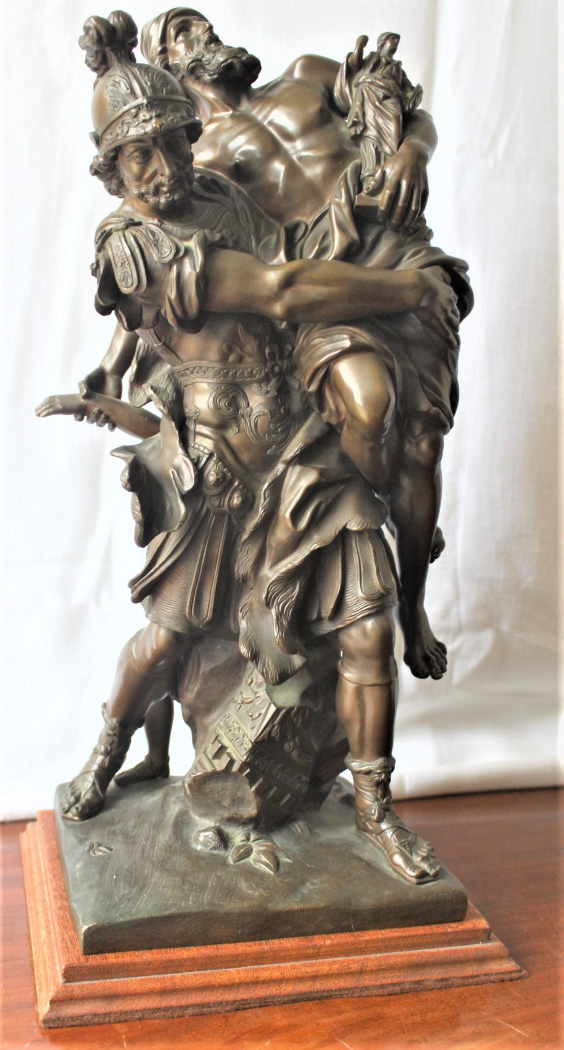 This very detailed and well executed cast antique bronze sculpture is unsigned, but presumed to have been made in France in circa 1850 in a neoclassical Revival style.