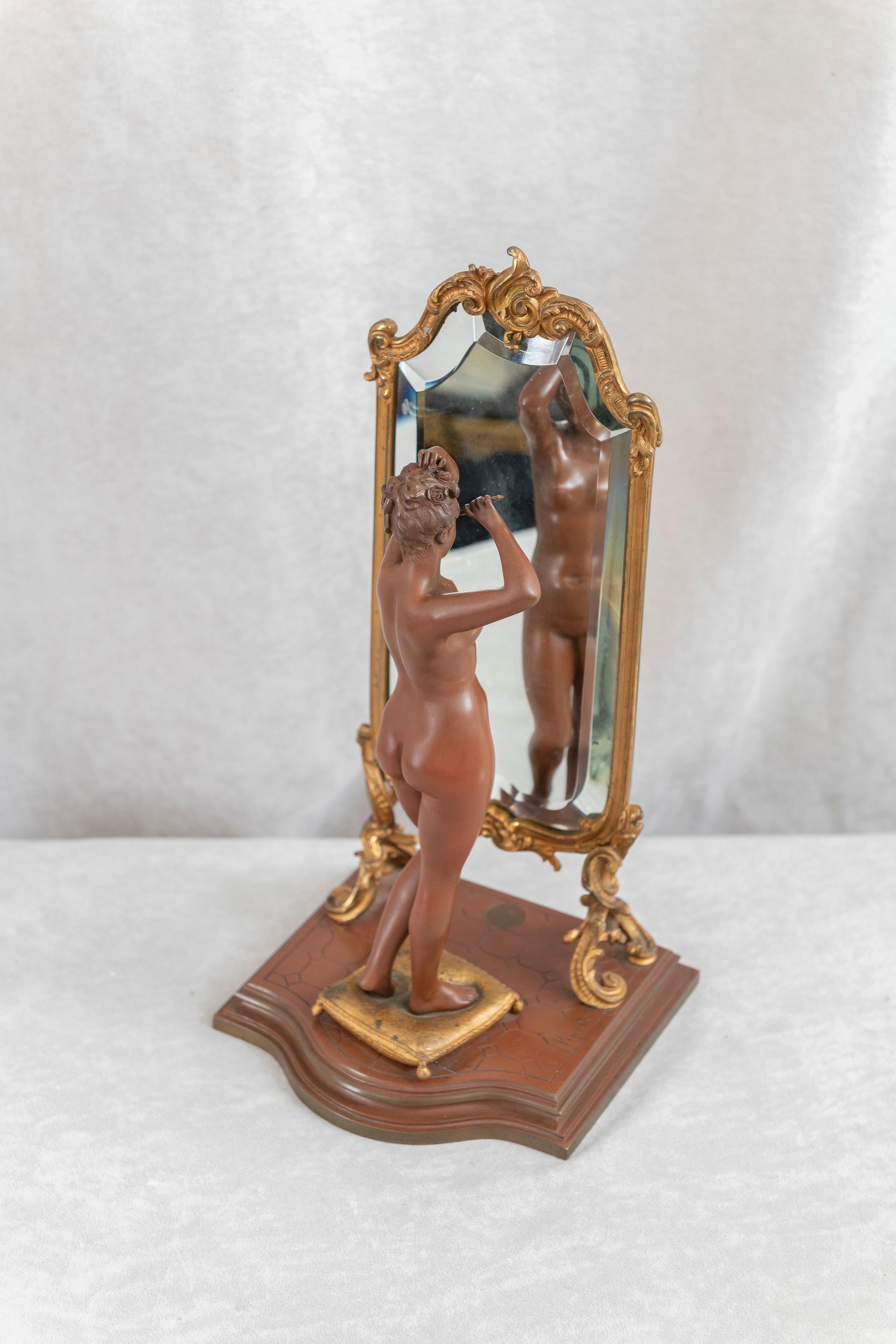 Art Nouveau Antique French Bronze, Nude w/ Cheval Mirror, Artist Signed 