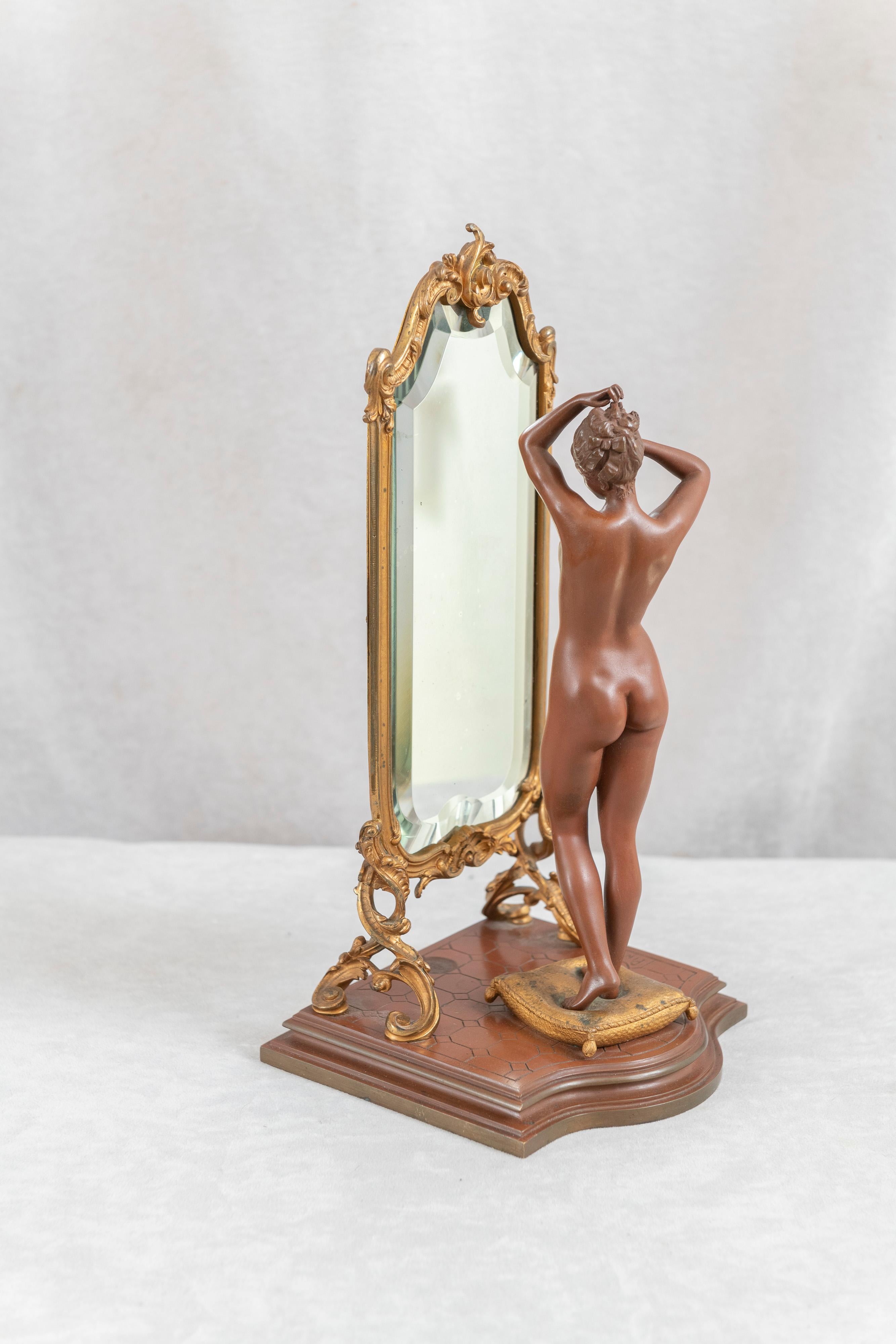 19th Century Antique French Bronze, Nude w/ Cheval Mirror, Artist Signed 