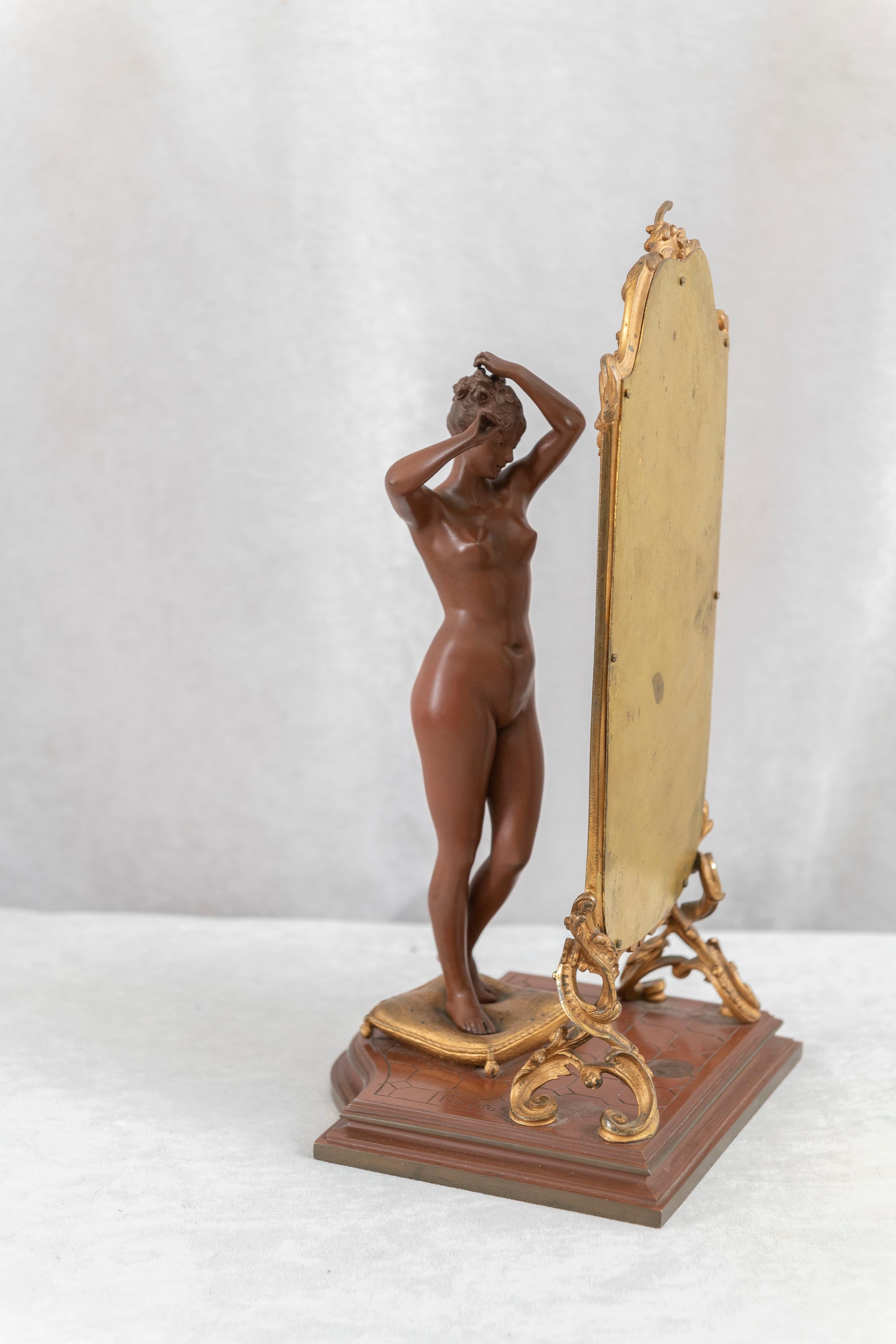 Antique French Bronze, Nude w/ Cheval Mirror, Artist Signed 
