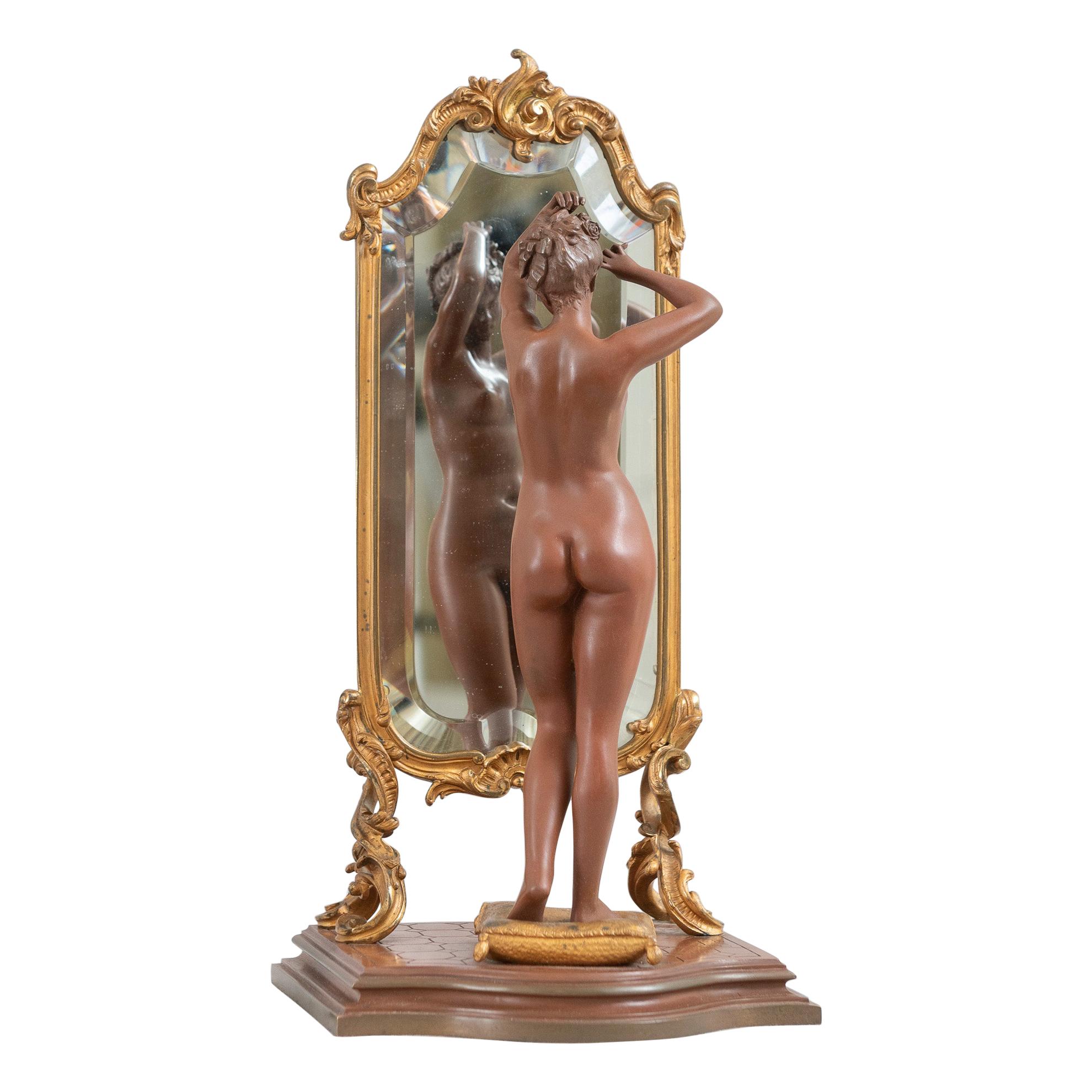Antique French Bronze, Nude w/ Cheval Mirror, Artist Signed "Pinedo", ca. 1890
