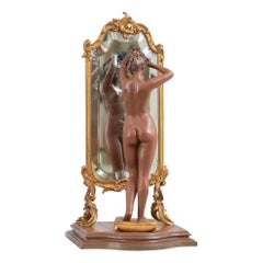 Bronze français ancien:: nu avec miroir à cheval:: signé par l'artiste "Pinedo":: vers 1890