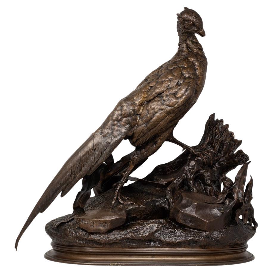 Antiker französischer Bronzefasan und Wiesel von Jules Moigniez