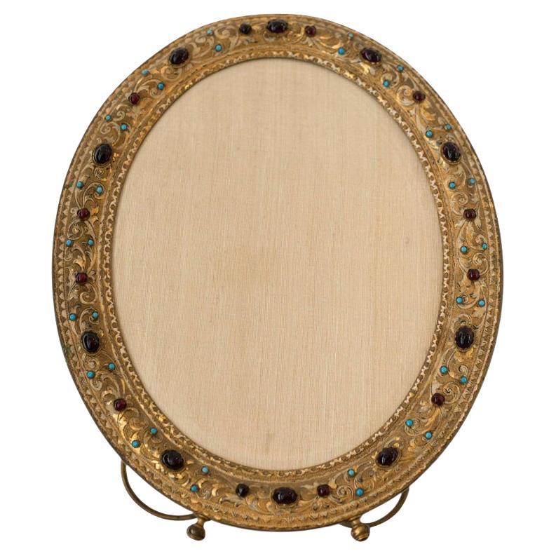 Antique French Bronze Picture Frame with Semi Precious Red and Blue Cabochons
