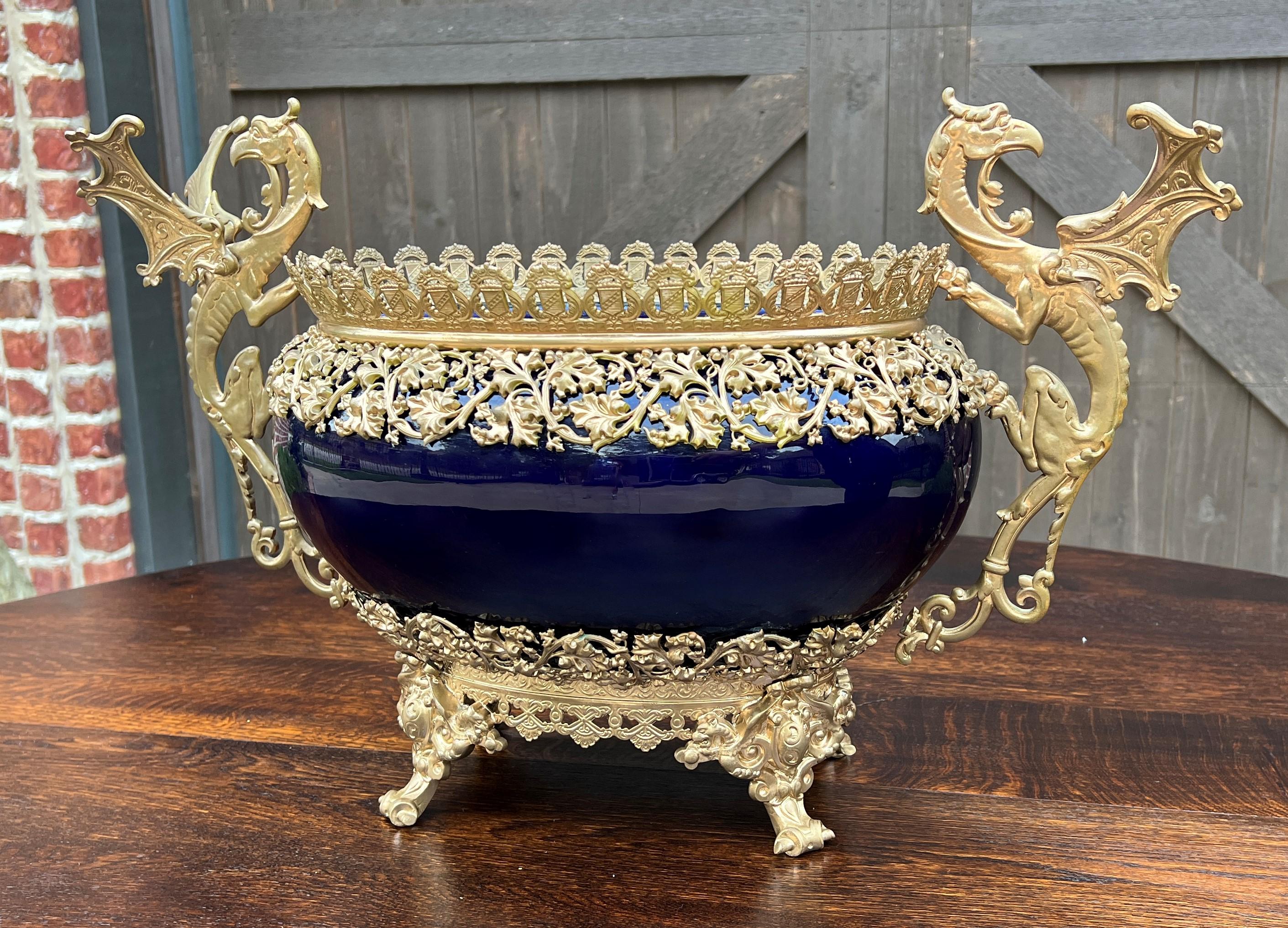 Antique French Bronze Planter Cache Pot Jardiniere Vase Bowl Cobalt Indigo Blue 7