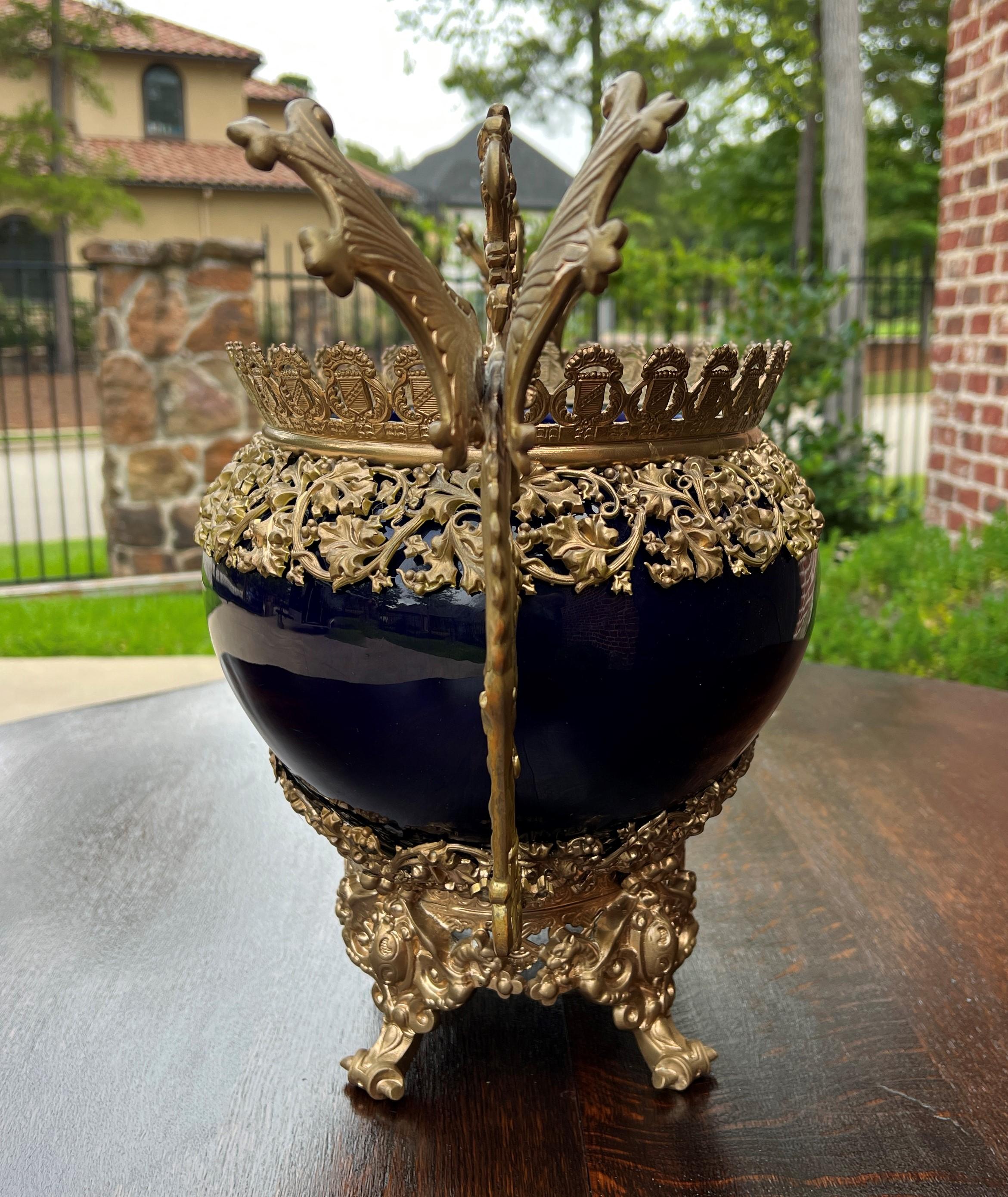 Antique French Bronze Planter Cache Pot Jardiniere Vase Bowl Cobalt Indigo Blue 8