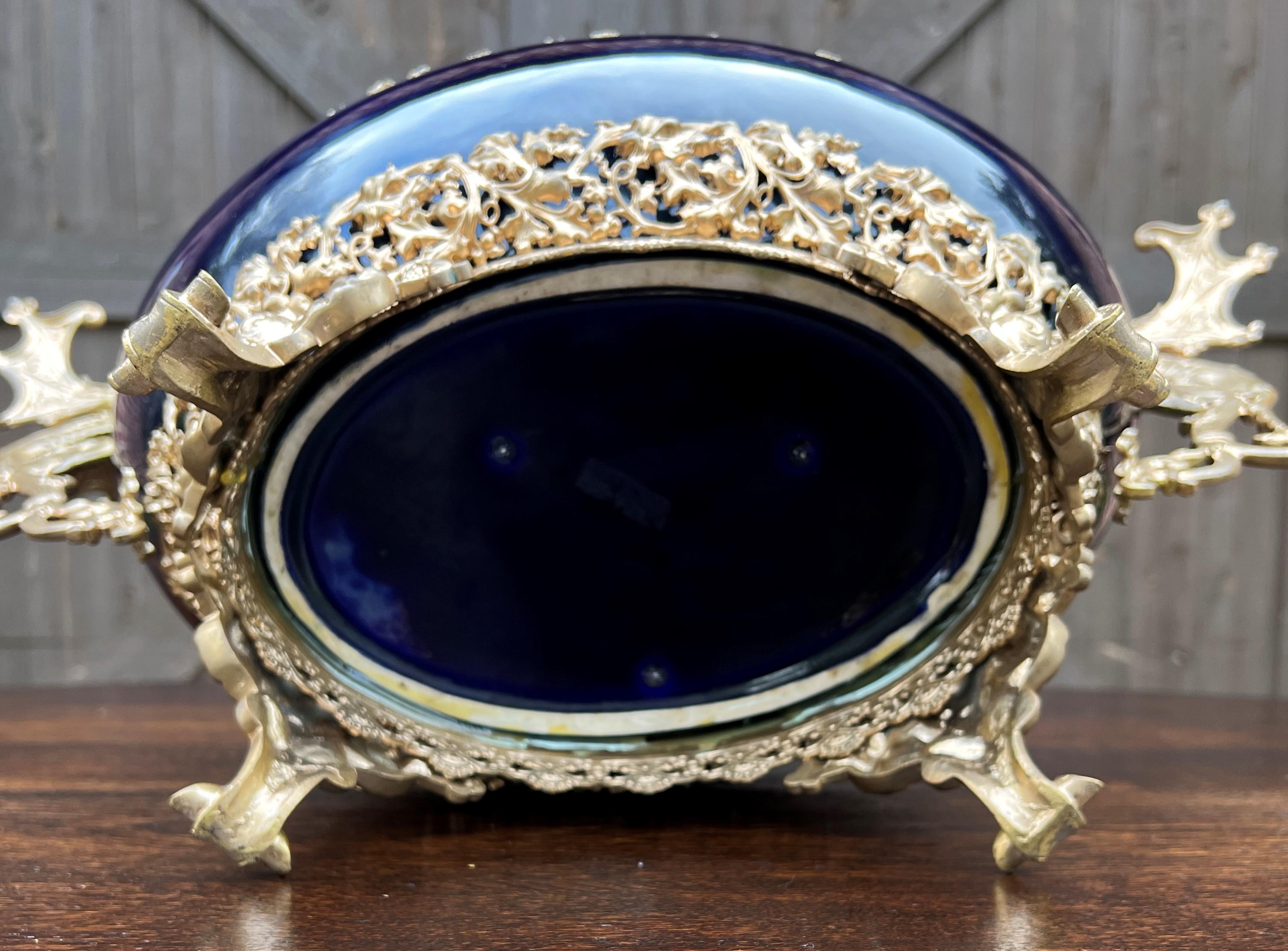 Antique French Bronze Planter Cache Pot Jardiniere Vase Bowl Cobalt Indigo Blue 9