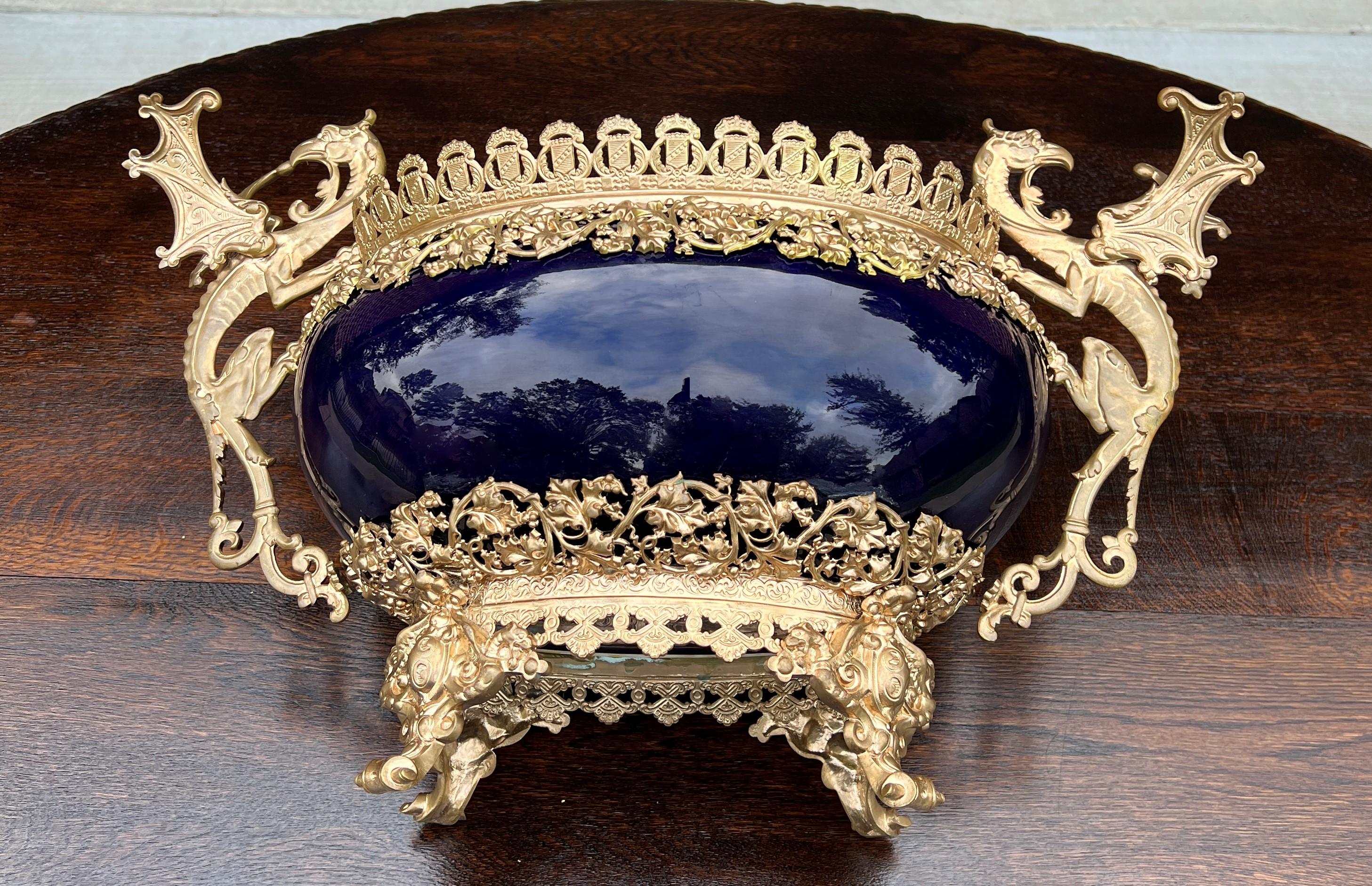Antique French Bronze Planter Cache Pot Jardiniere Vase Bowl Cobalt Indigo Blue 10