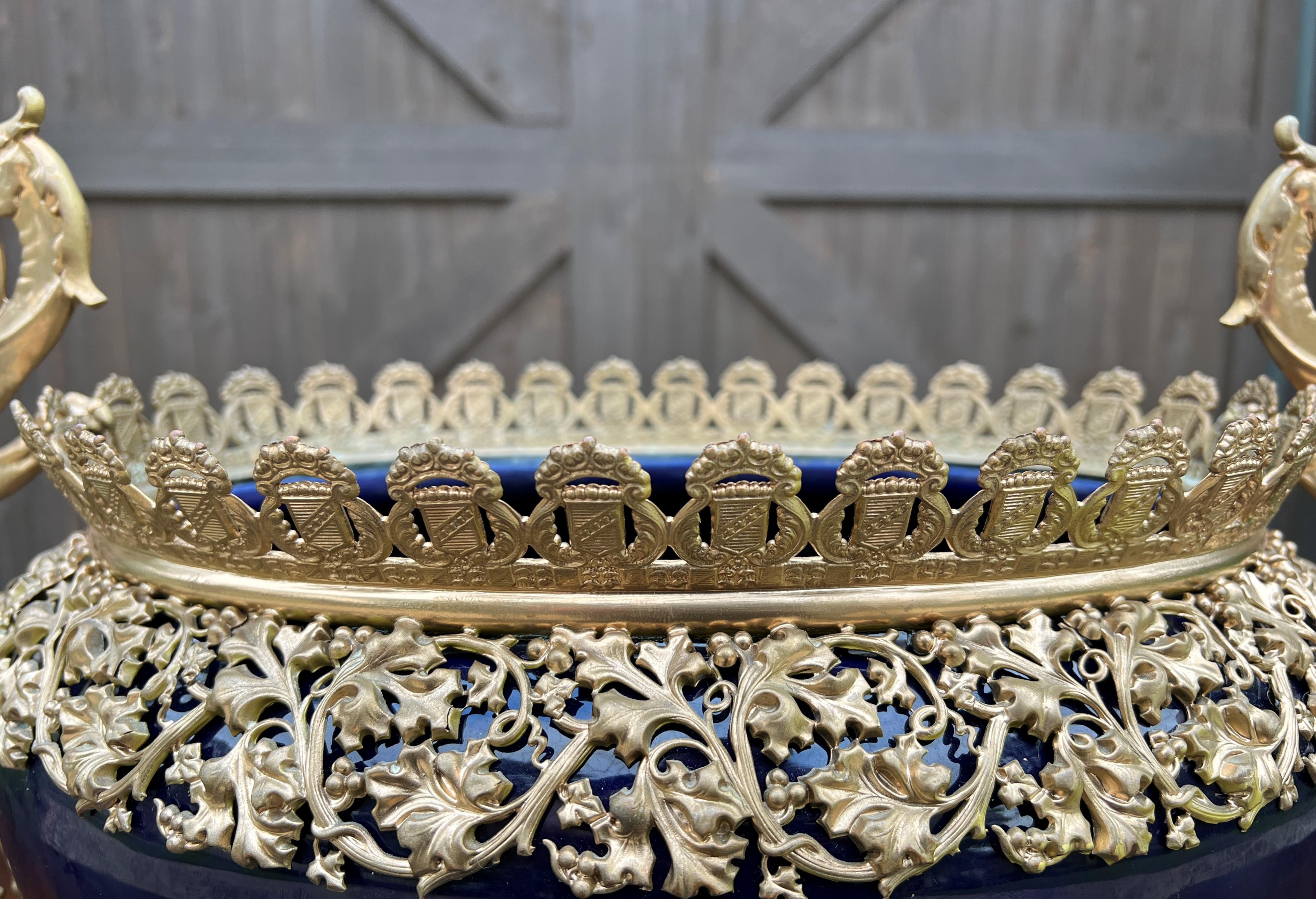 Art Nouveau Antique French Bronze Planter Cache Pot Jardiniere Vase Bowl Cobalt Indigo Blue