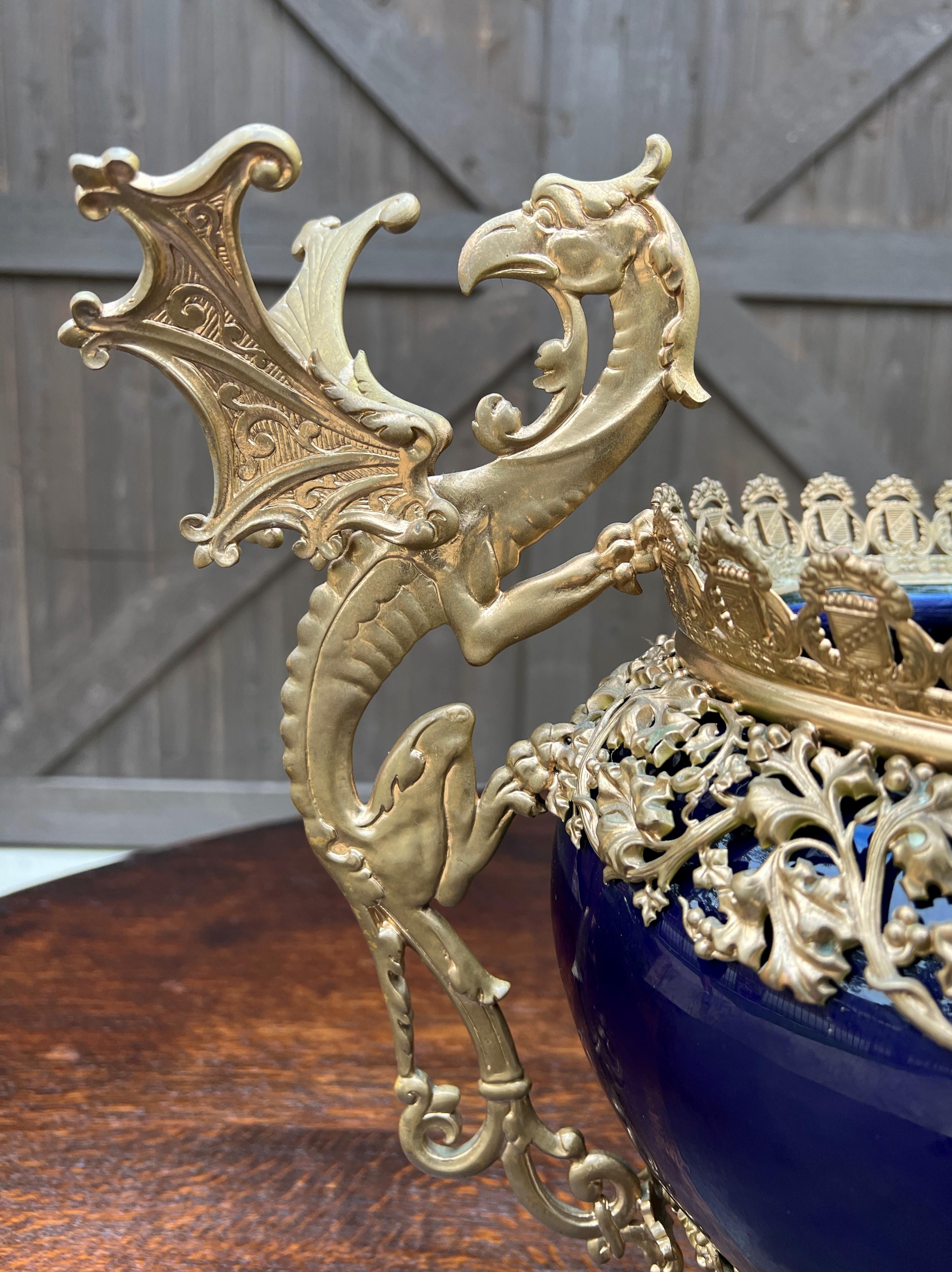 Antique French Bronze Planter Cache Pot Jardiniere Vase Bowl Cobalt Indigo Blue In Good Condition In Tyler, TX