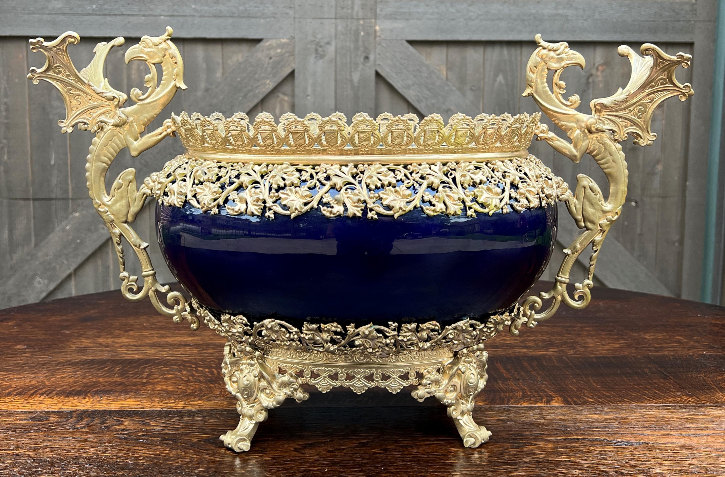 Early 20th Century Antique French Bronze Planter Cache Pot Jardiniere Vase Bowl Cobalt Indigo Blue