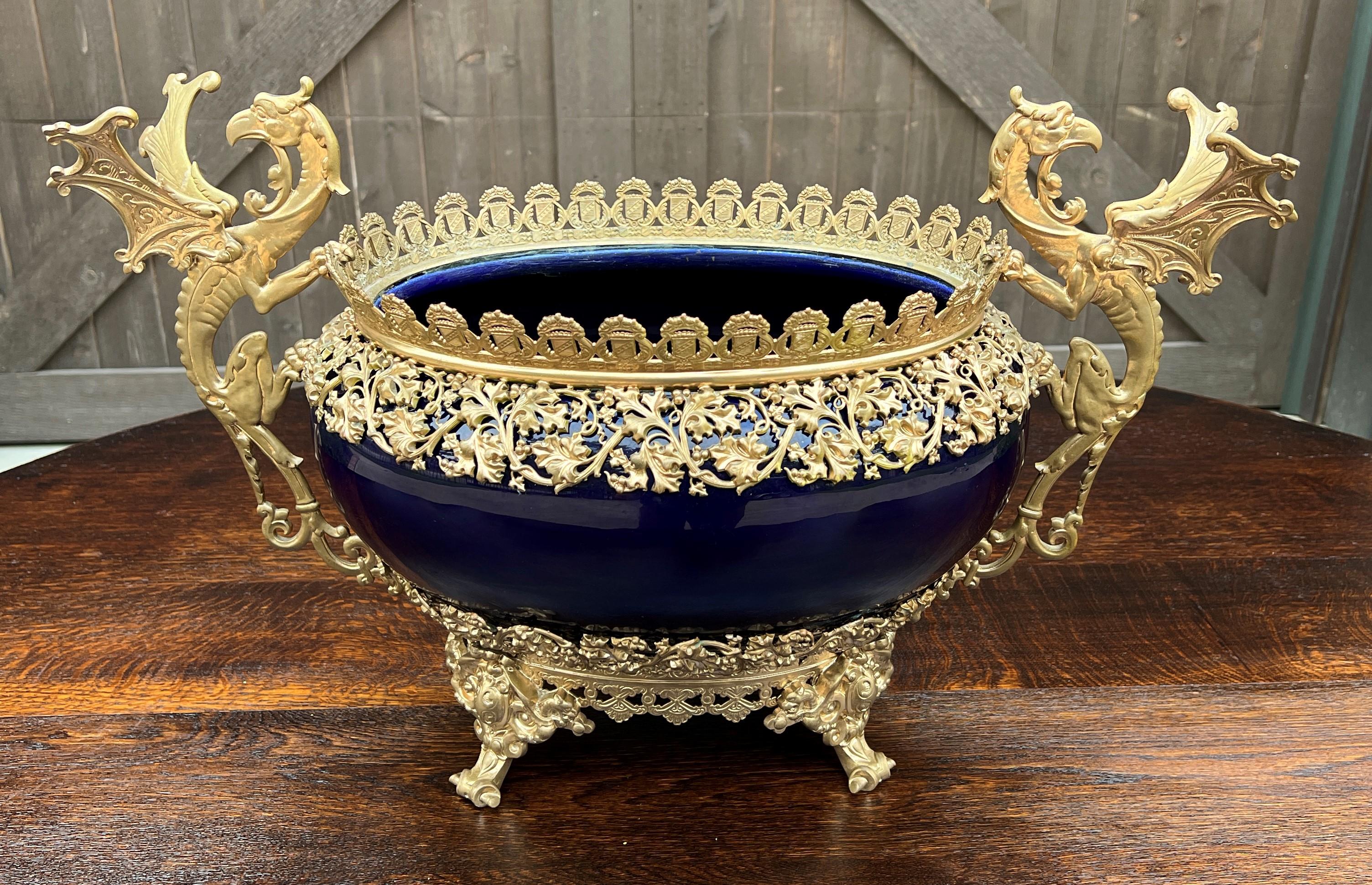 Antique French Bronze Planter Cache Pot Jardiniere Vase Bowl Cobalt Indigo Blue 1