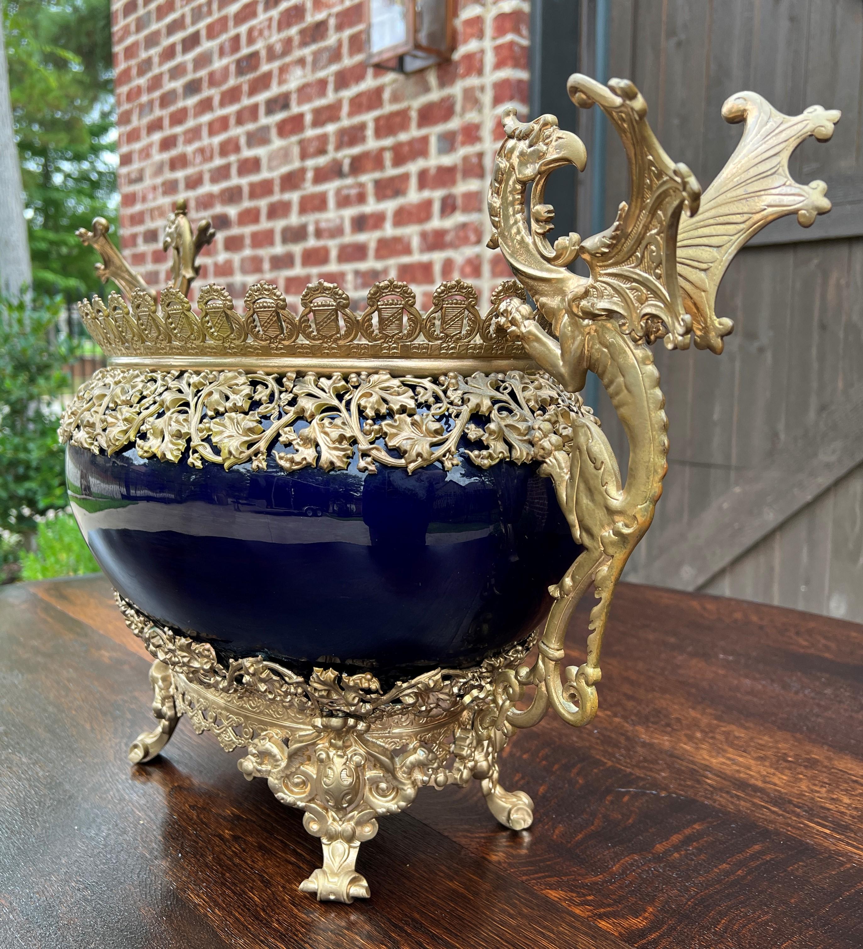 Antique French Bronze Planter Cache Pot Jardiniere Vase Bowl Cobalt Indigo Blue 2