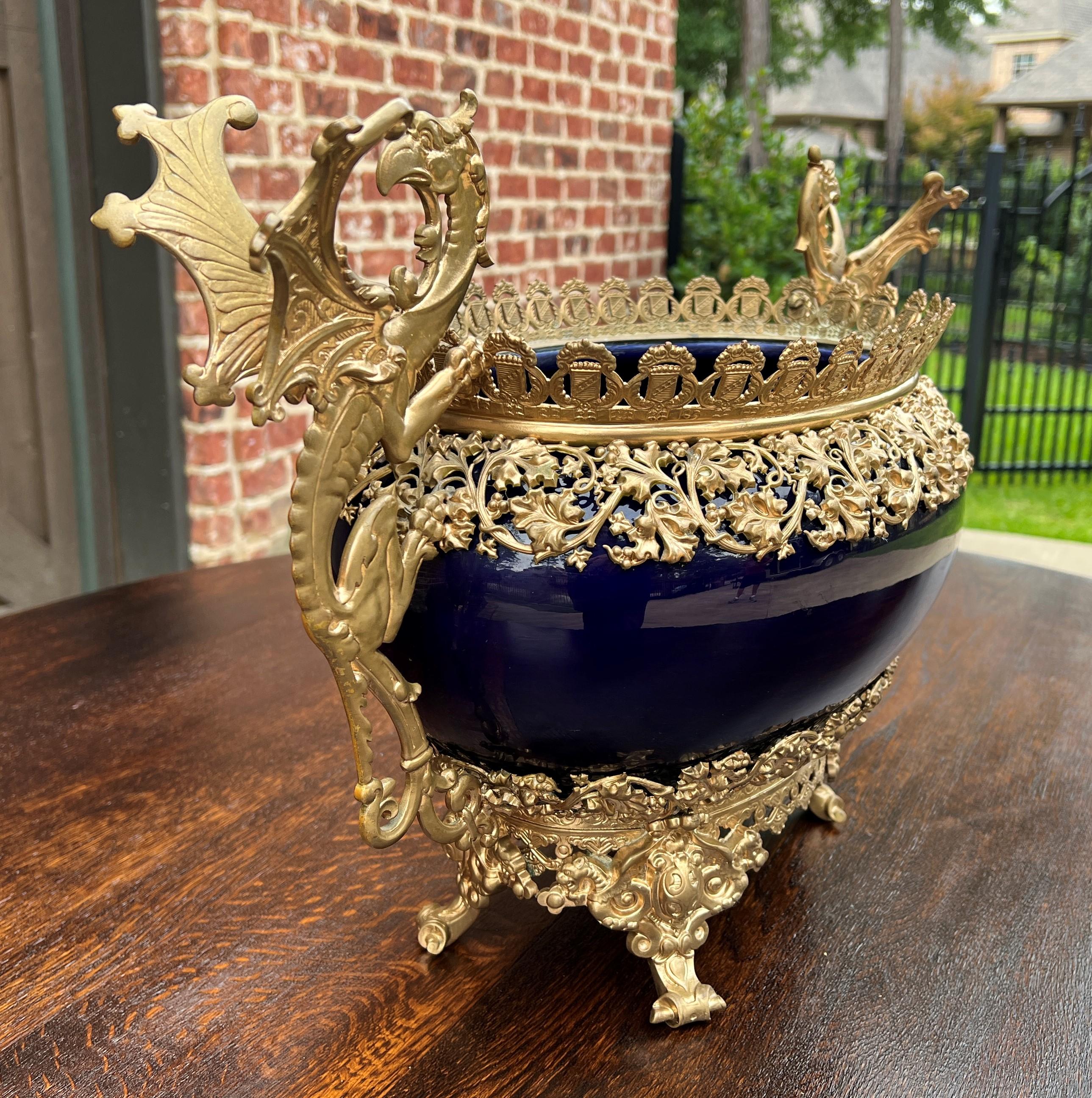 Antique French Bronze Planter Cache Pot Jardiniere Vase Bowl Cobalt Indigo Blue 4