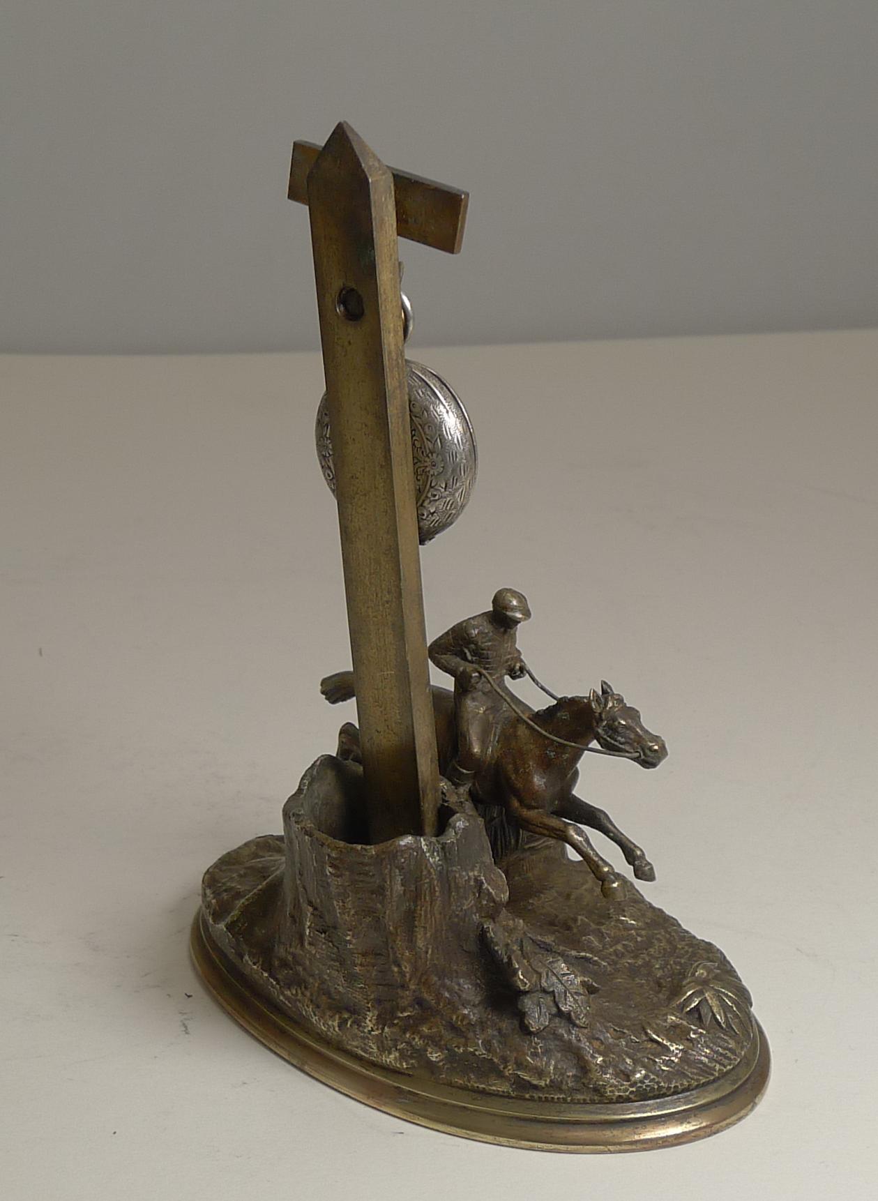 Late Victorian Antique French Bronze Pocket Watch Stand / Match Strike, Equestrian / Horses For Sale