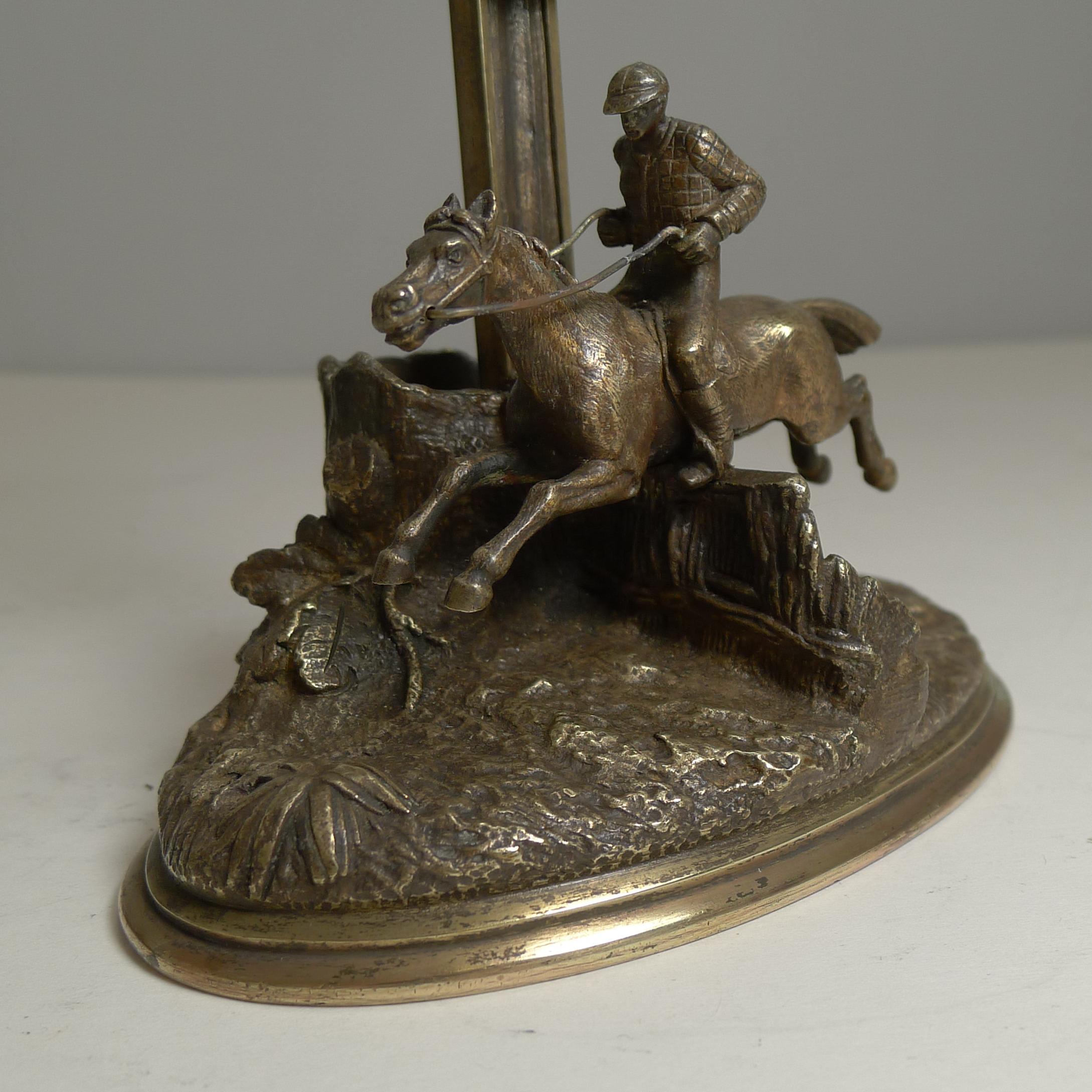 Early 20th Century Antique French Bronze Pocket Watch Stand / Match Strike, Equestrian / Horses For Sale