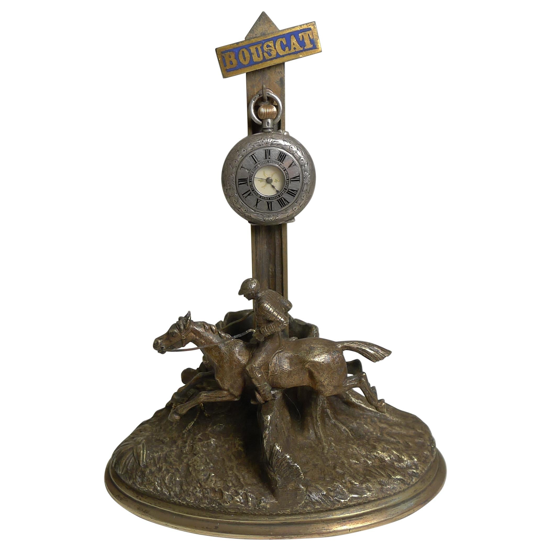 Antique French Bronze Pocket Watch Stand / Match Strike, Equestrian / Horses For Sale