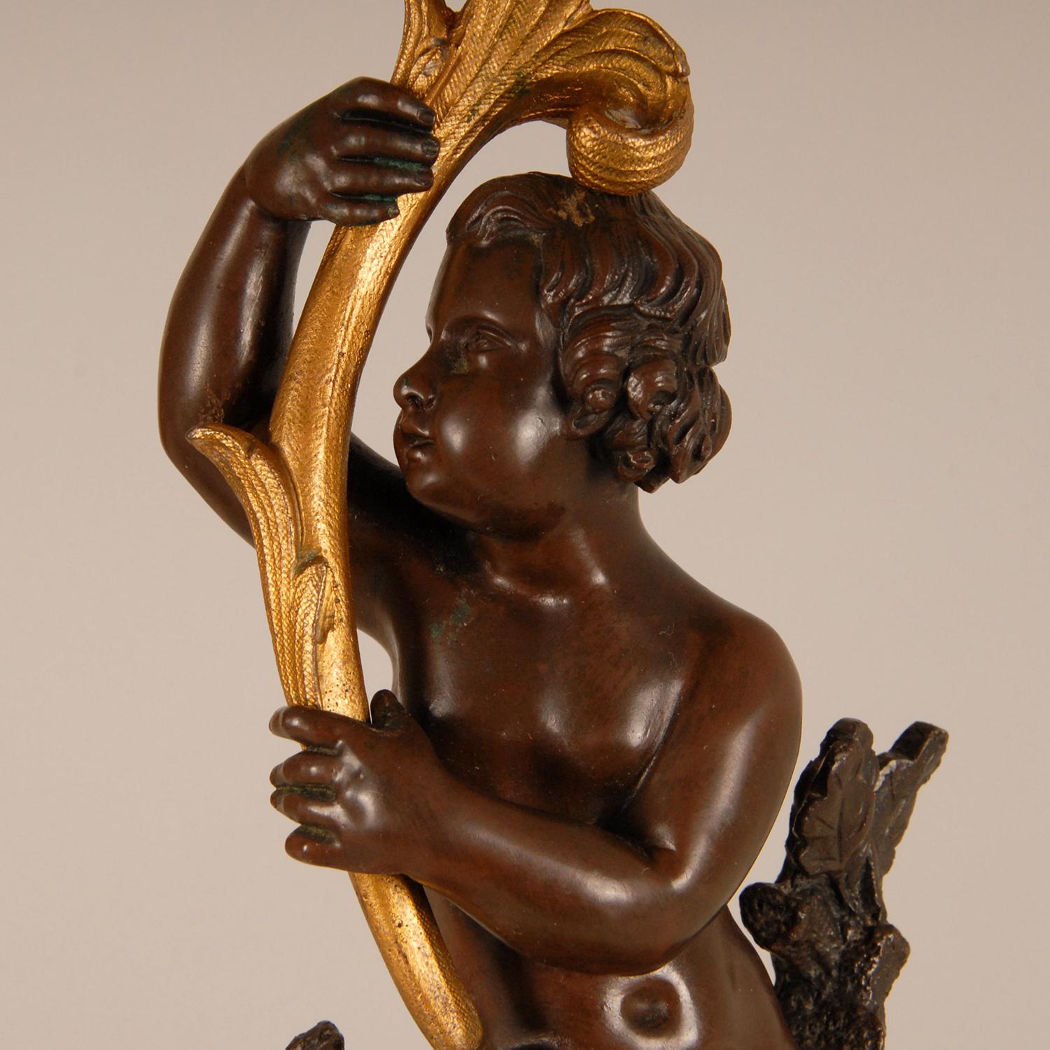 Victorian French Gold Gilded Bronze Putto and Flowers Candelabras on Marble Base For Sale 4