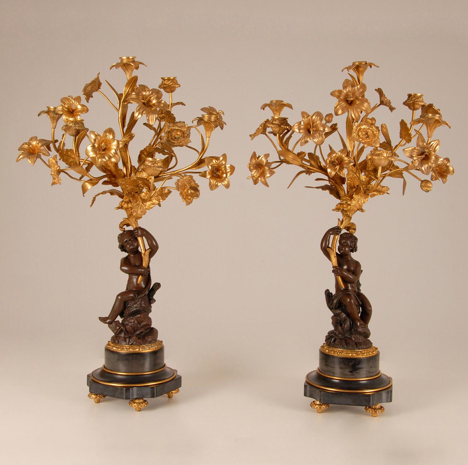 Victorian French Gold Gilded Bronze Putto and Flowers Candelabras on Marble Base For Sale 6