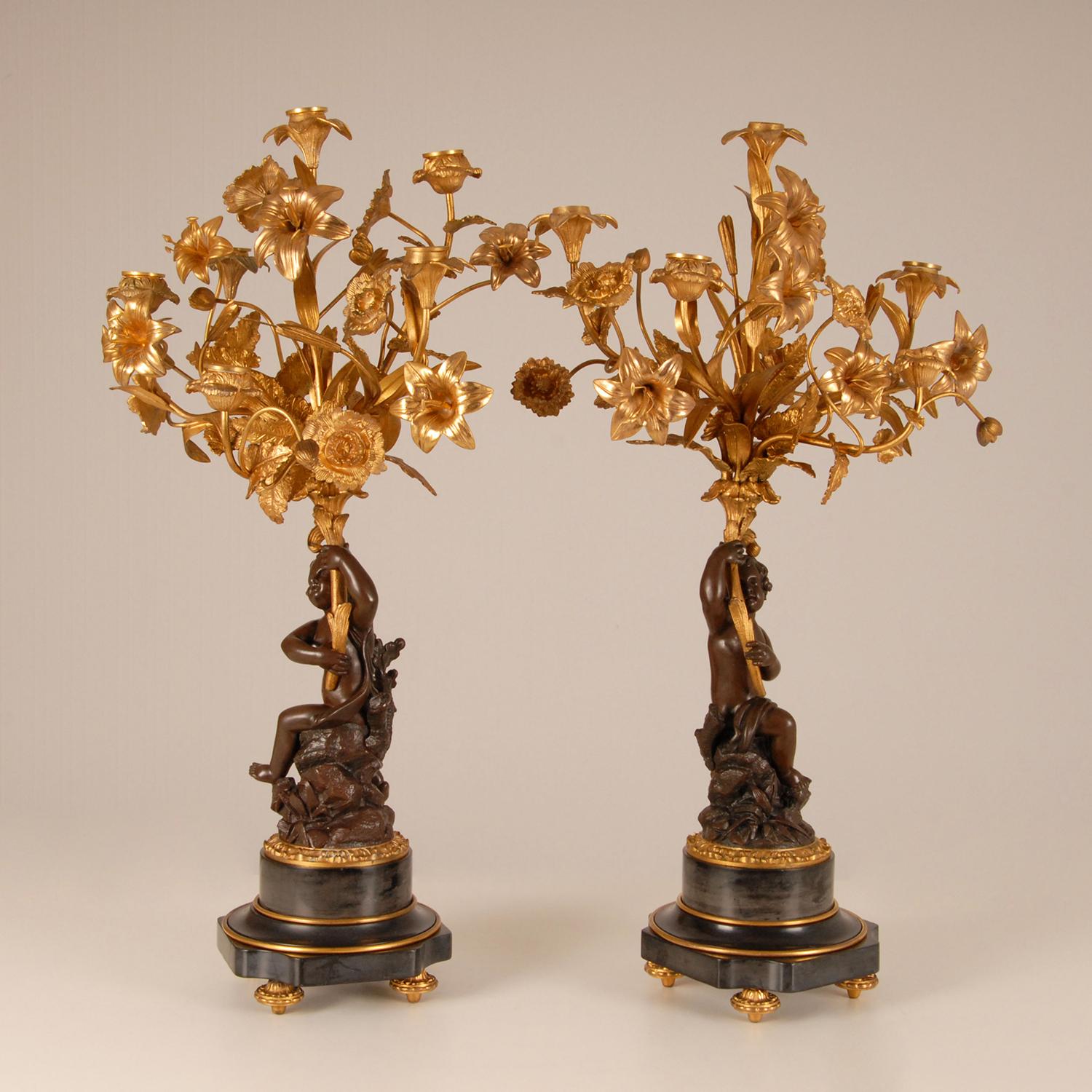 Napoleon III Victorian French Gold Gilded Bronze Putto and Flowers Candelabras on Marble Base For Sale