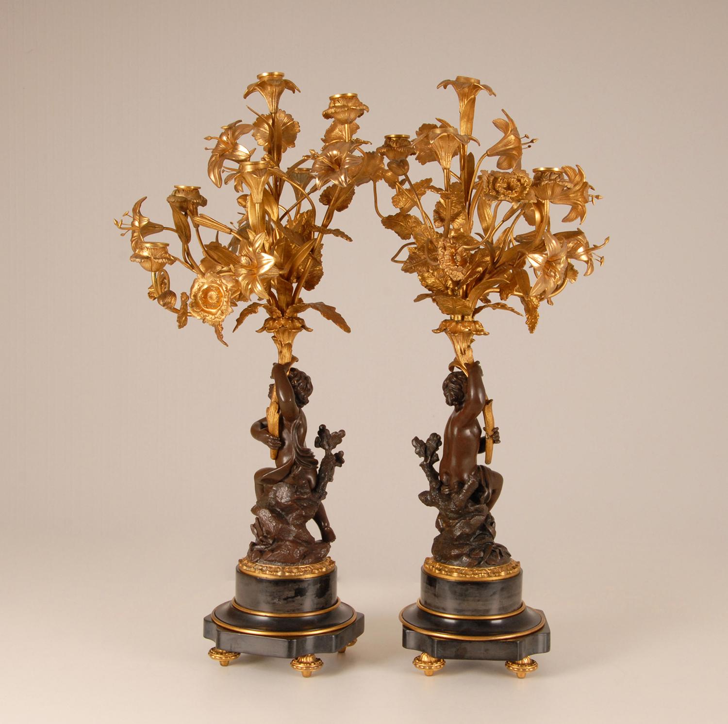 Cast Victorian French Gold Gilded Bronze Putto and Flowers Candelabras on Marble Base For Sale