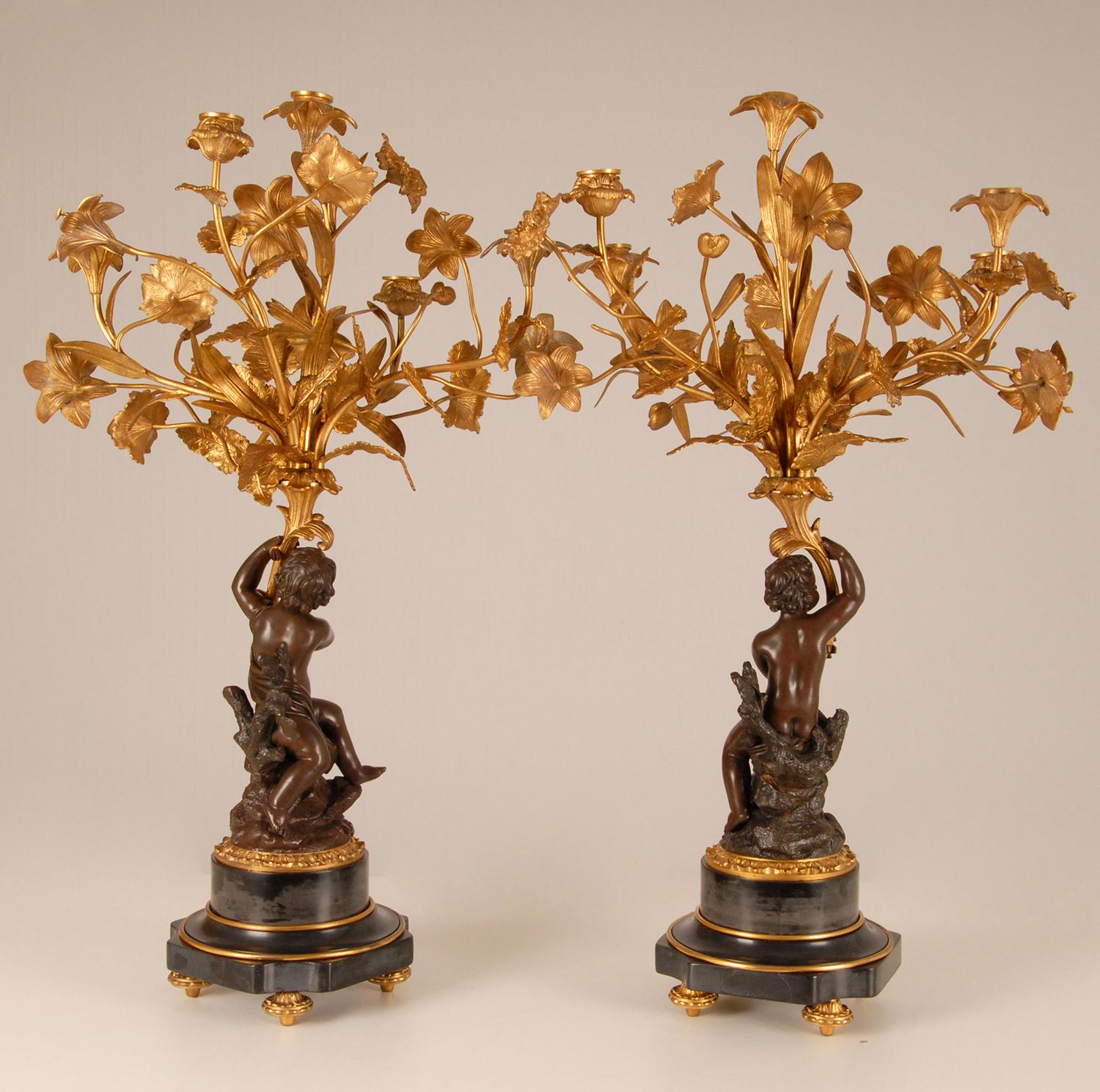 Victorian French Gold Gilded Bronze Putto and Flowers Candelabras on Marble Base In Good Condition For Sale In Wommelgem, VAN